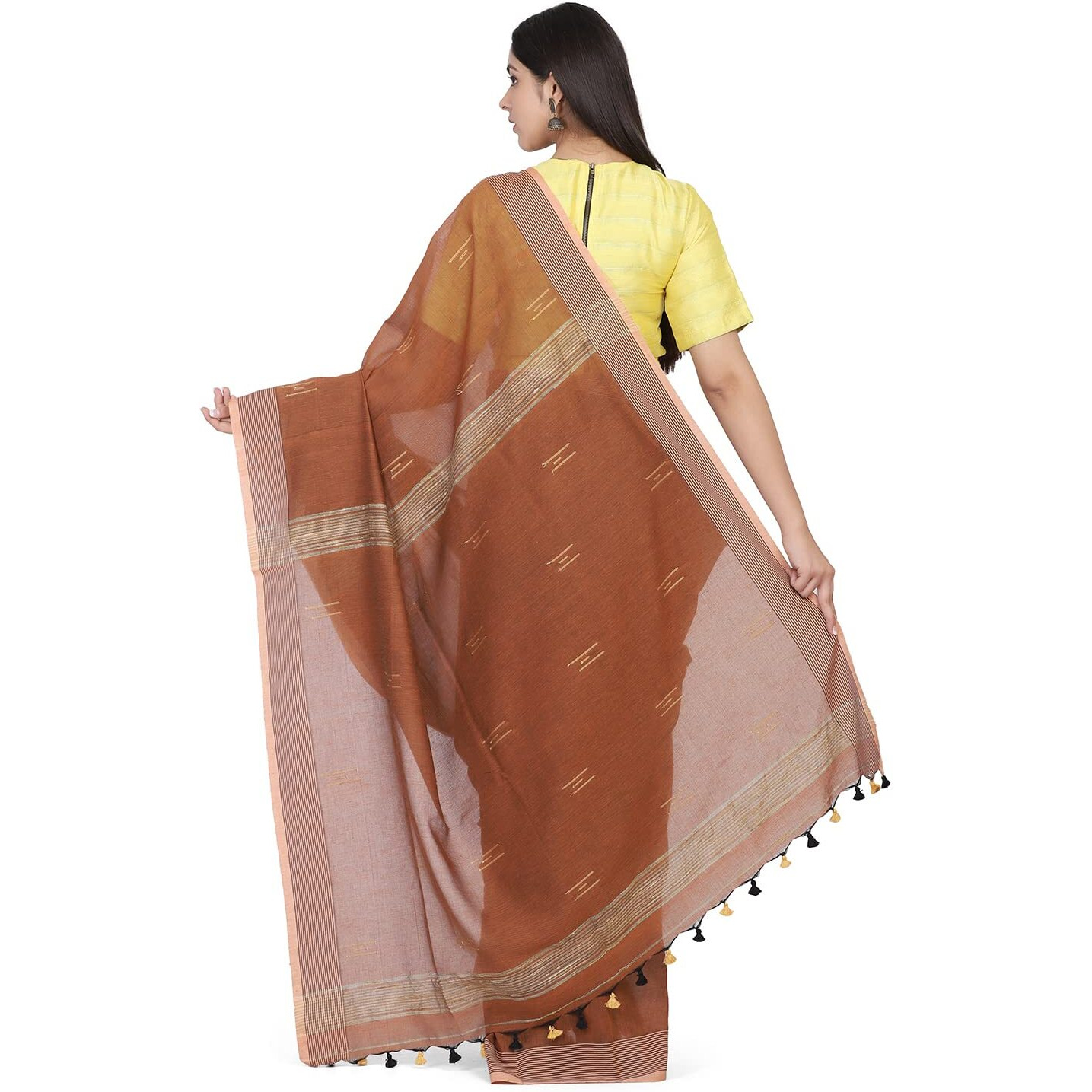 THE WEAVE TRAVELLER Handloom Hand Woven Cotton Saree for Women with Attached Blouses and Pom Pom Edgings (Brown)