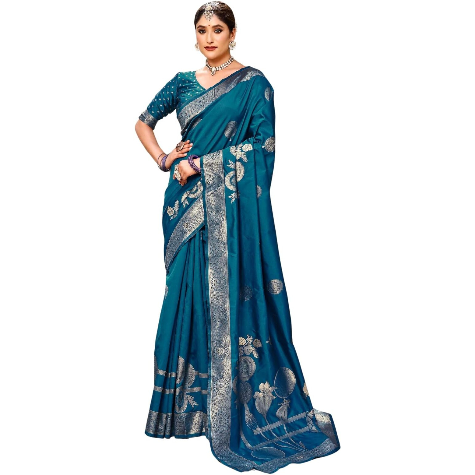 Leriya Fashion Womens Pure Jacquard Banarasi Kanjivarm Cotton Silk Saree with Blouse Piece | Saree for Women (Blue)