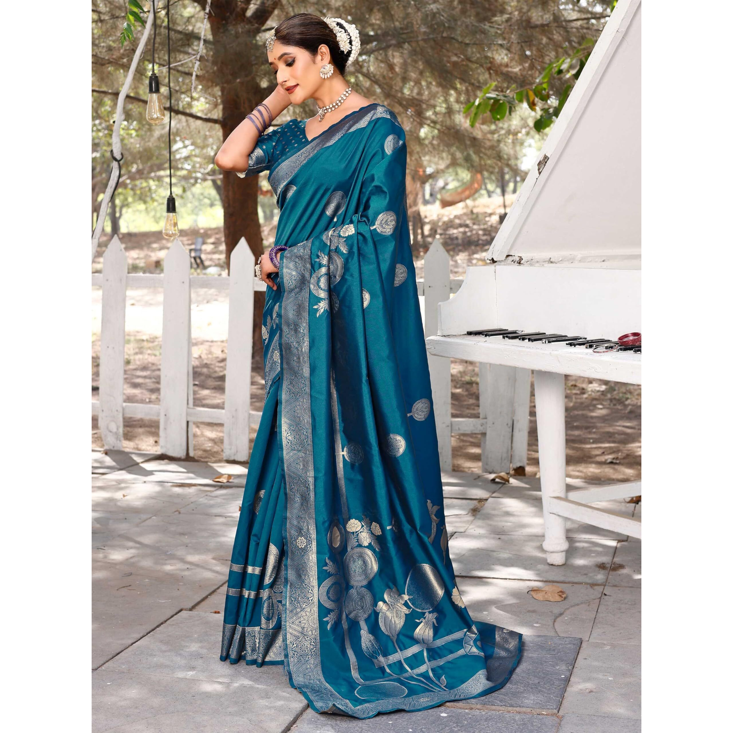 Leriya Fashion Womens Pure Jacquard Banarasi Kanjivarm Cotton Silk Saree with Blouse Piece | Saree for Women (Blue)