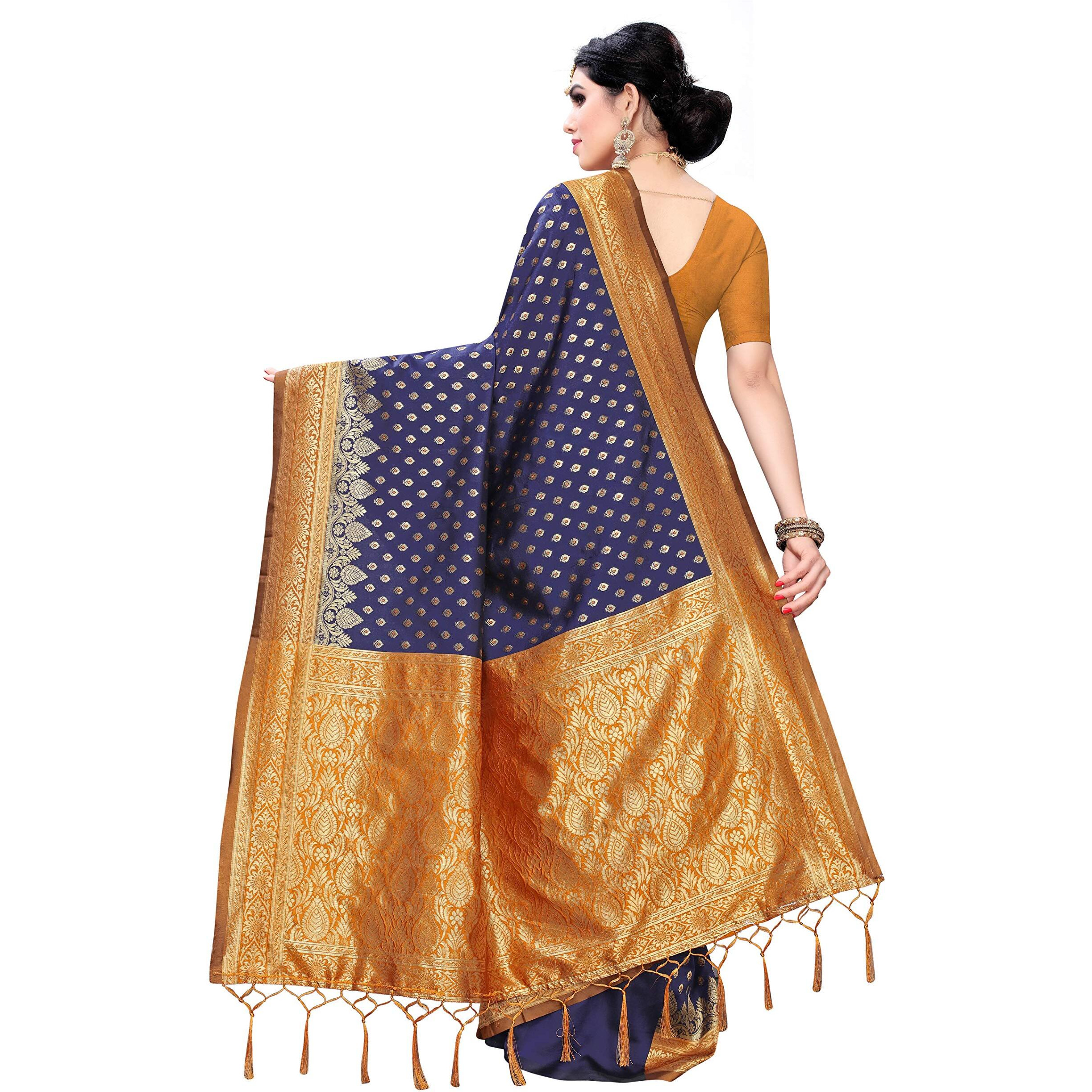 AKHILAM Womens Banarasi Silk Woven Design Saree with Unstitched Blouse Piece(Navy Blue & Gold_GNG22007_QL)