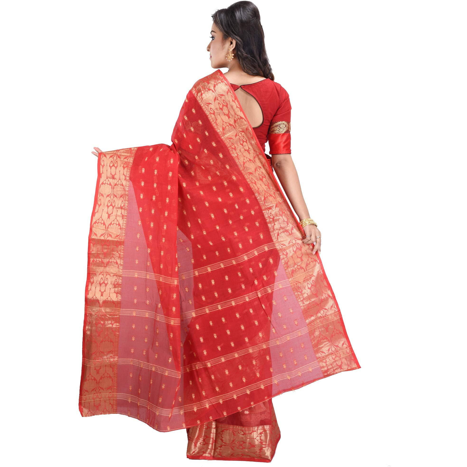 RAJ SAREE HOUSE Womens Traditional Pure Cotton Bengali Handloom Tant Saree without Blouse Piece - Red