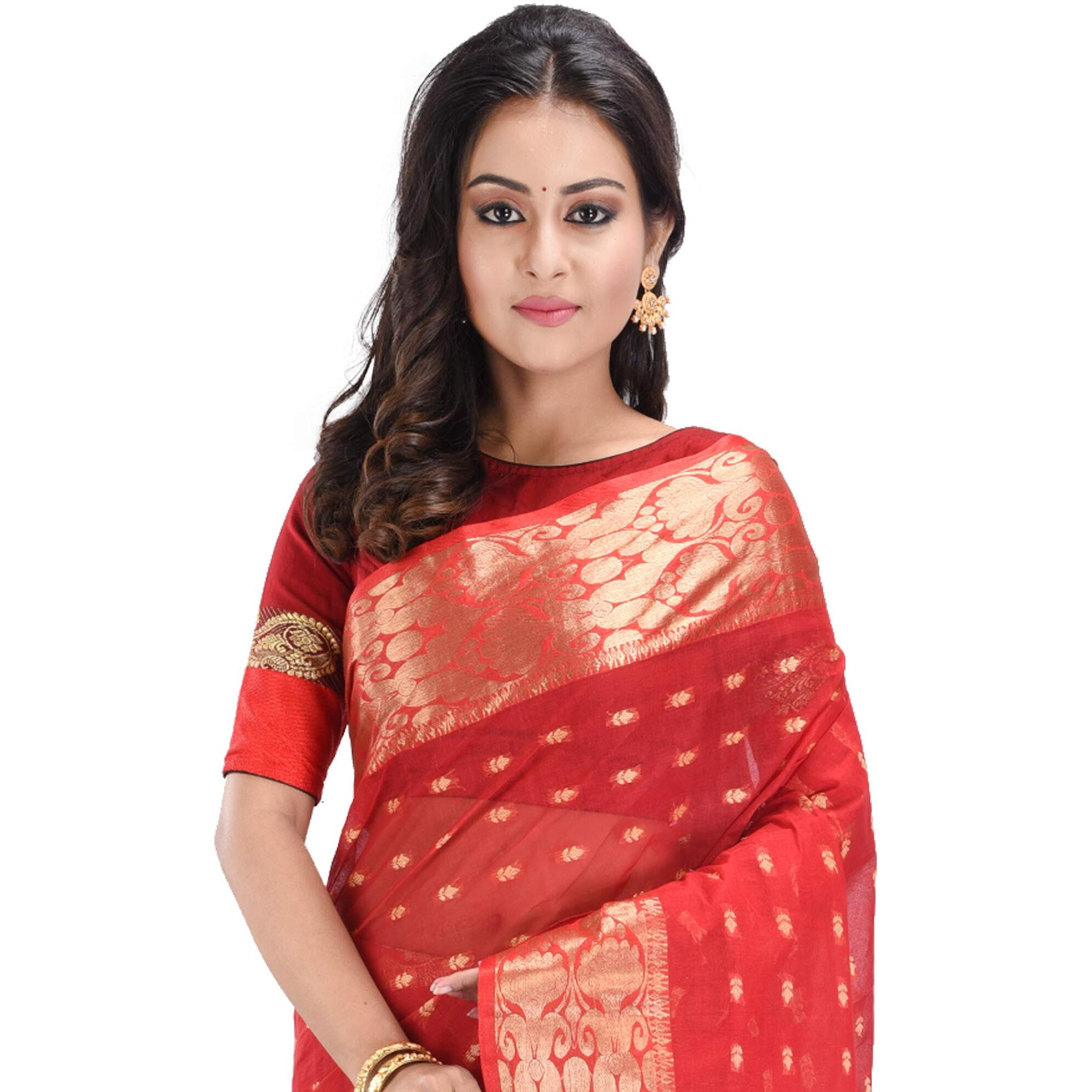 RAJ SAREE HOUSE Womens Traditional Pure Cotton Bengali Handloom Tant Saree without Blouse Piece - Red