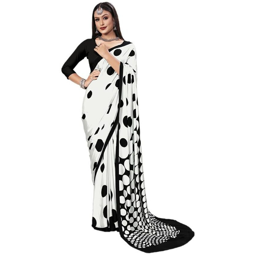 Satrani Womens Silk Crepe Printed Saree with Unstitched Blouse Piece (3083S198N_White1)