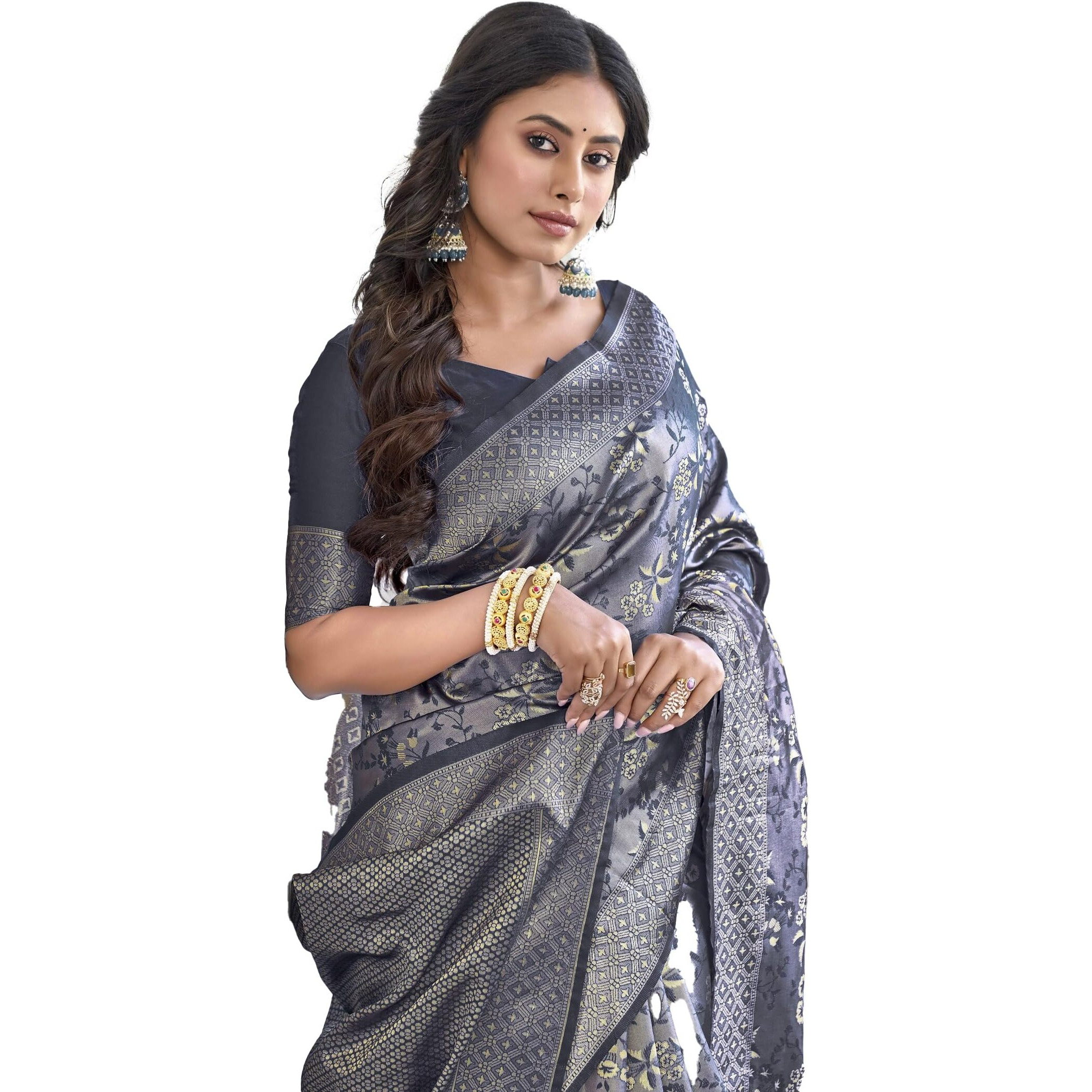 Glory Sarees Womens Banarasi Silk Saree With Blouse Piece (Banarasi_Saree133_Grey)
