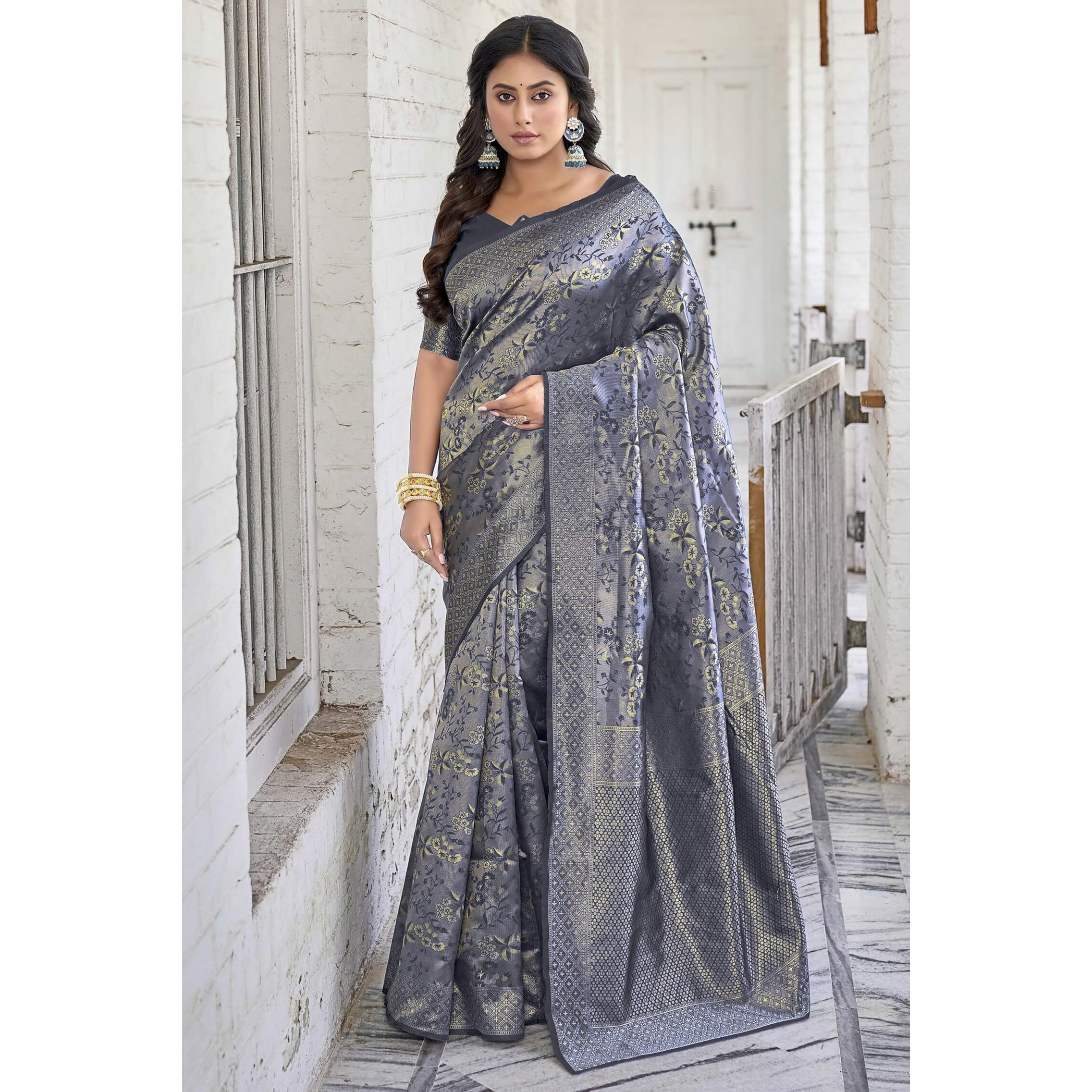 Glory Sarees Womens Banarasi Silk Saree With Blouse Piece (Banarasi_Saree133_Grey)