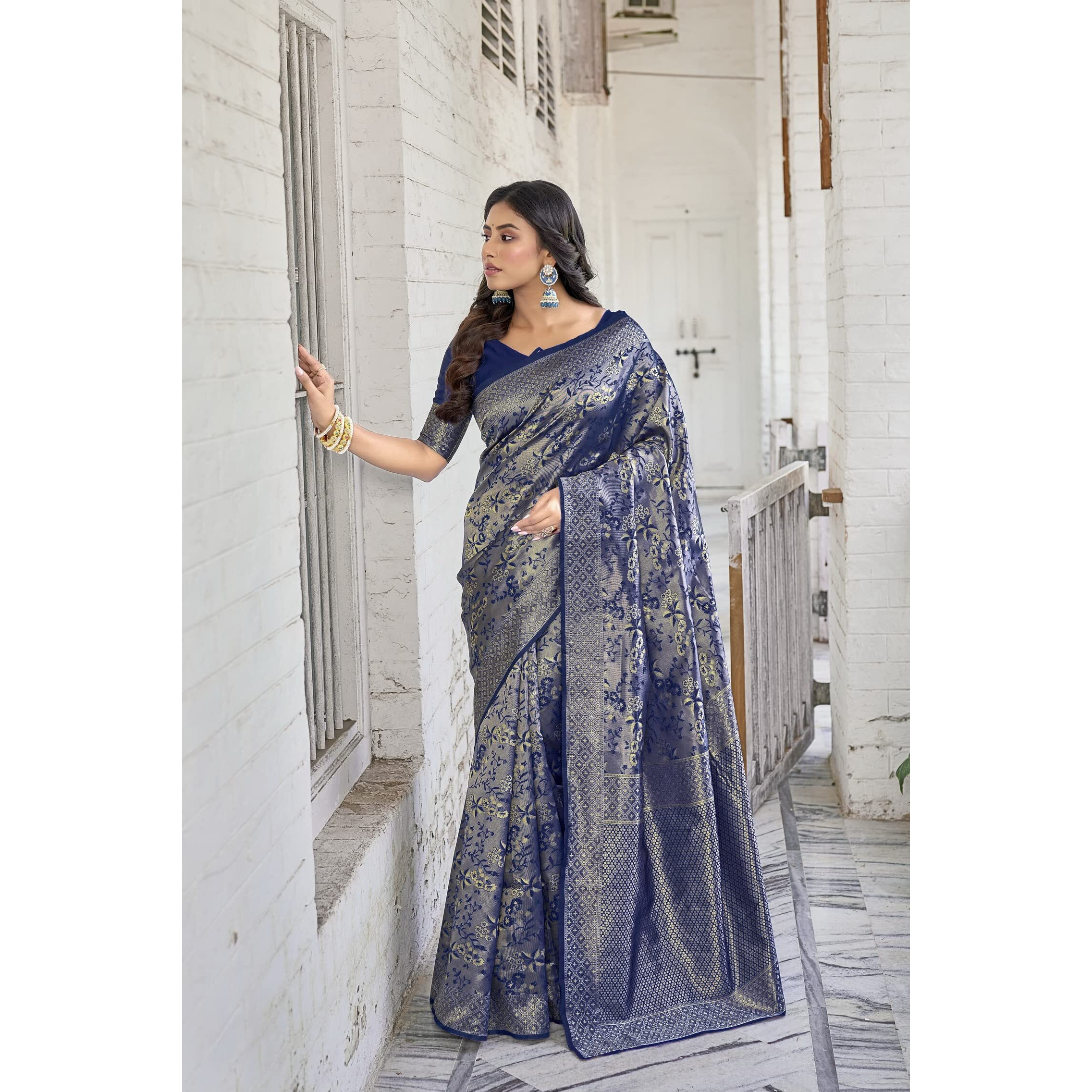 Glory Sarees Womens Banarasi Silk Saree With Blouse Piece (Banarasi_Saree133_NavyBlue)
