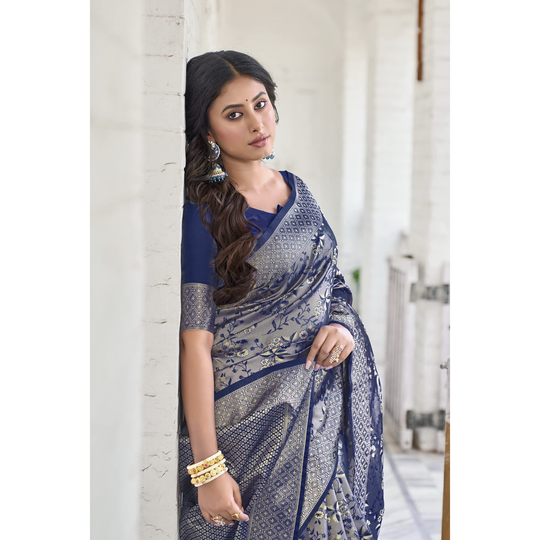 Glory Sarees Womens Banarasi Silk Saree With Blouse Piece (Banarasi_Saree133_NavyBlue)