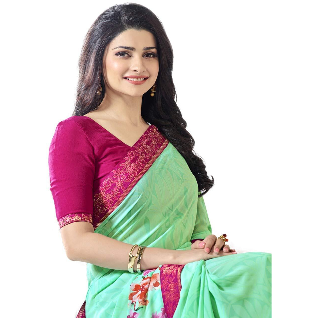 Shruhad Womens Georgette Printed Sarees Jacquard Lace Border Work Saree With Blouse Piece (Multicolored Free Size 6.30 Mtr) (LIGHT GREEN)