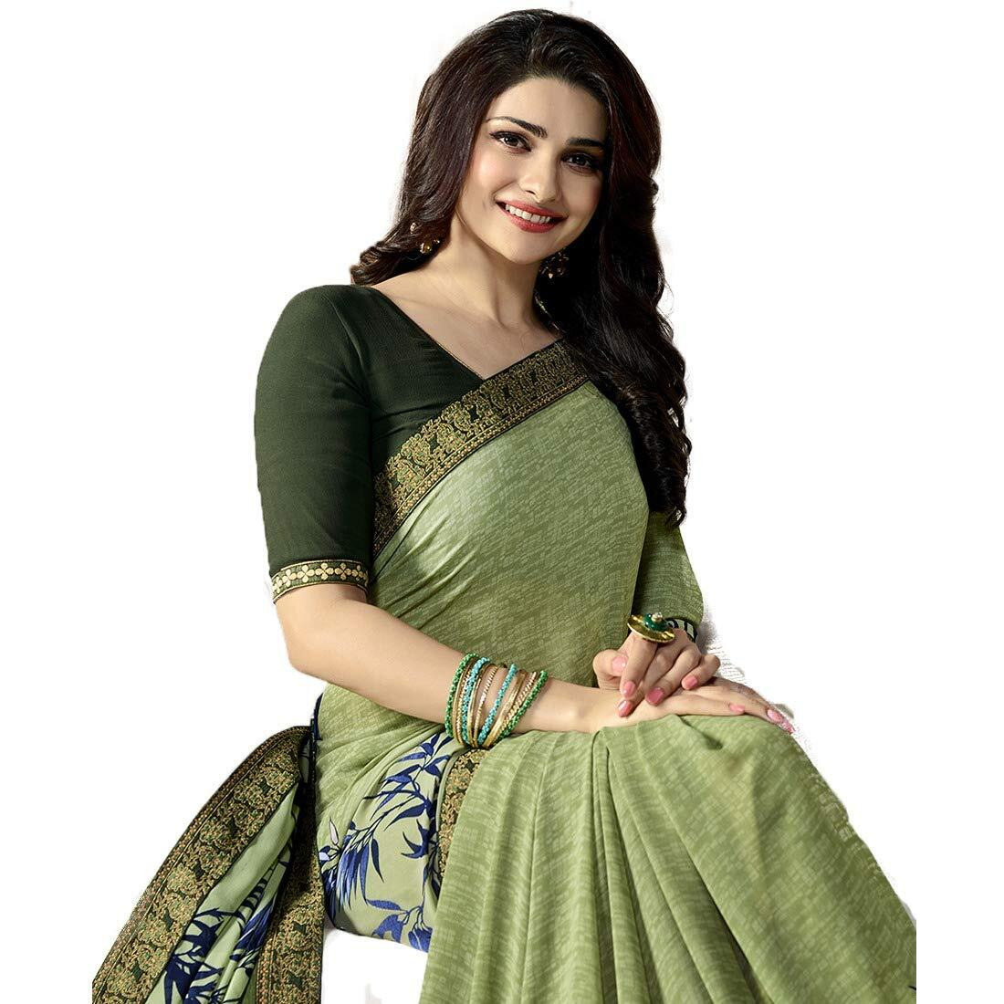 Shruhad Womens Georgette Printed Sarees Jacquard Lace Border Work Saree With Blouse Piece (Multicolored Free Size 6.30 Mtr) (DARK GREEN)