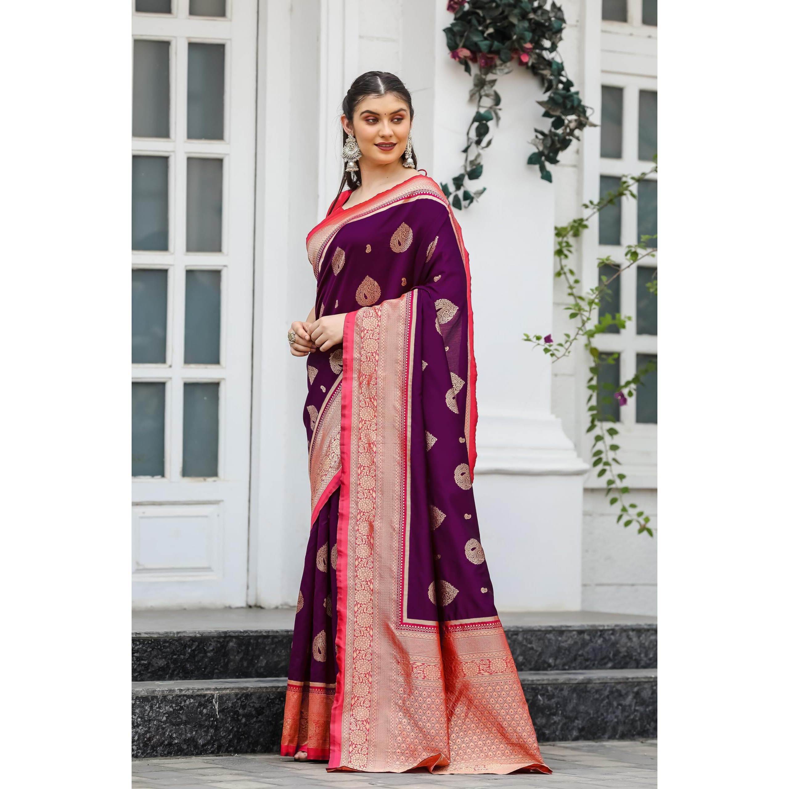 Leriya Fashion Womens Trendy Kanjivaram Soft Lichi Silk Saree With Blouse Piece (Purple)