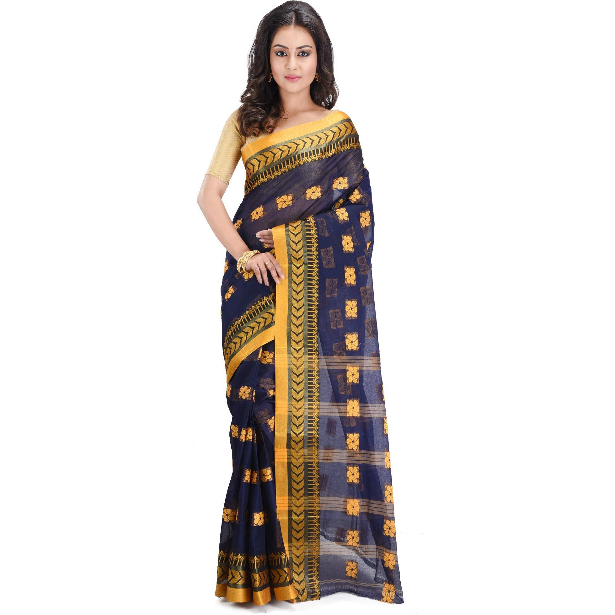 RAJ SAREE HOUSE Womens Traditional Pure Cotton Bengali Handloom Tant Saree - Without Blouse Piece(RSH-805-01 /Navy Blue)