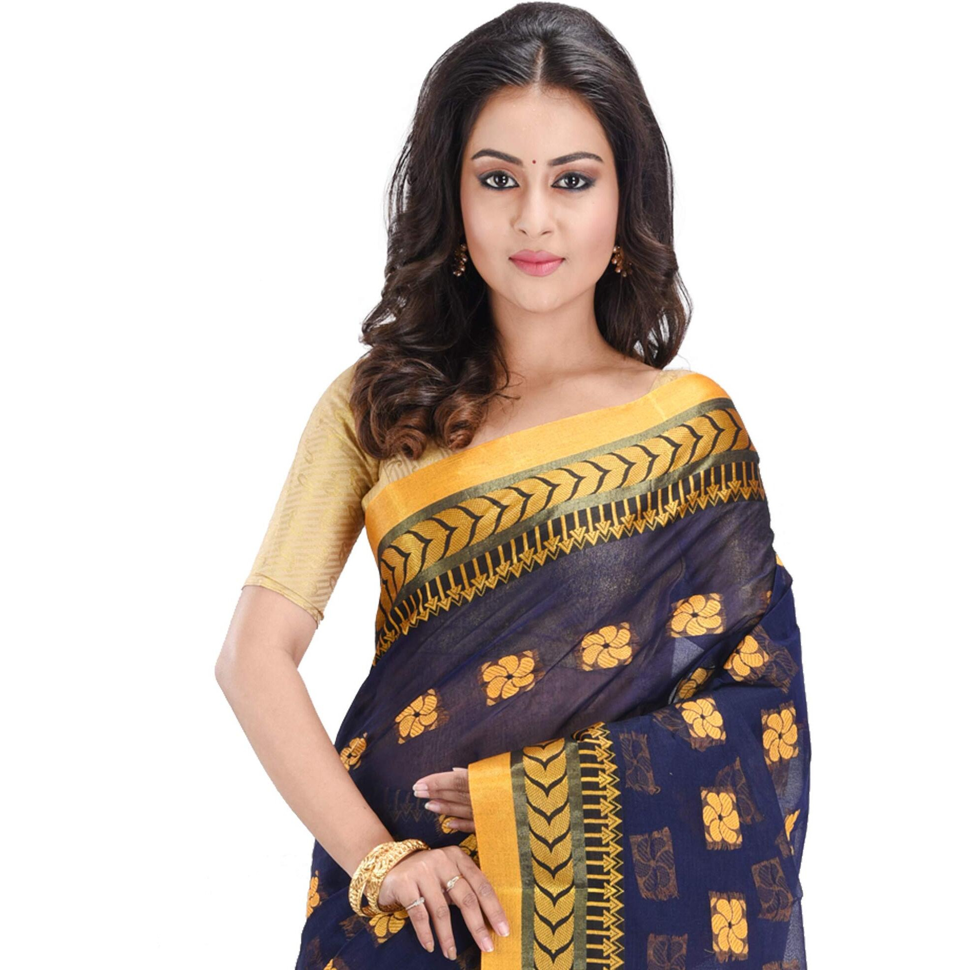 RAJ SAREE HOUSE Womens Traditional Pure Cotton Bengali Handloom Tant Saree - Without Blouse Piece(RSH-805-01 /Navy Blue)