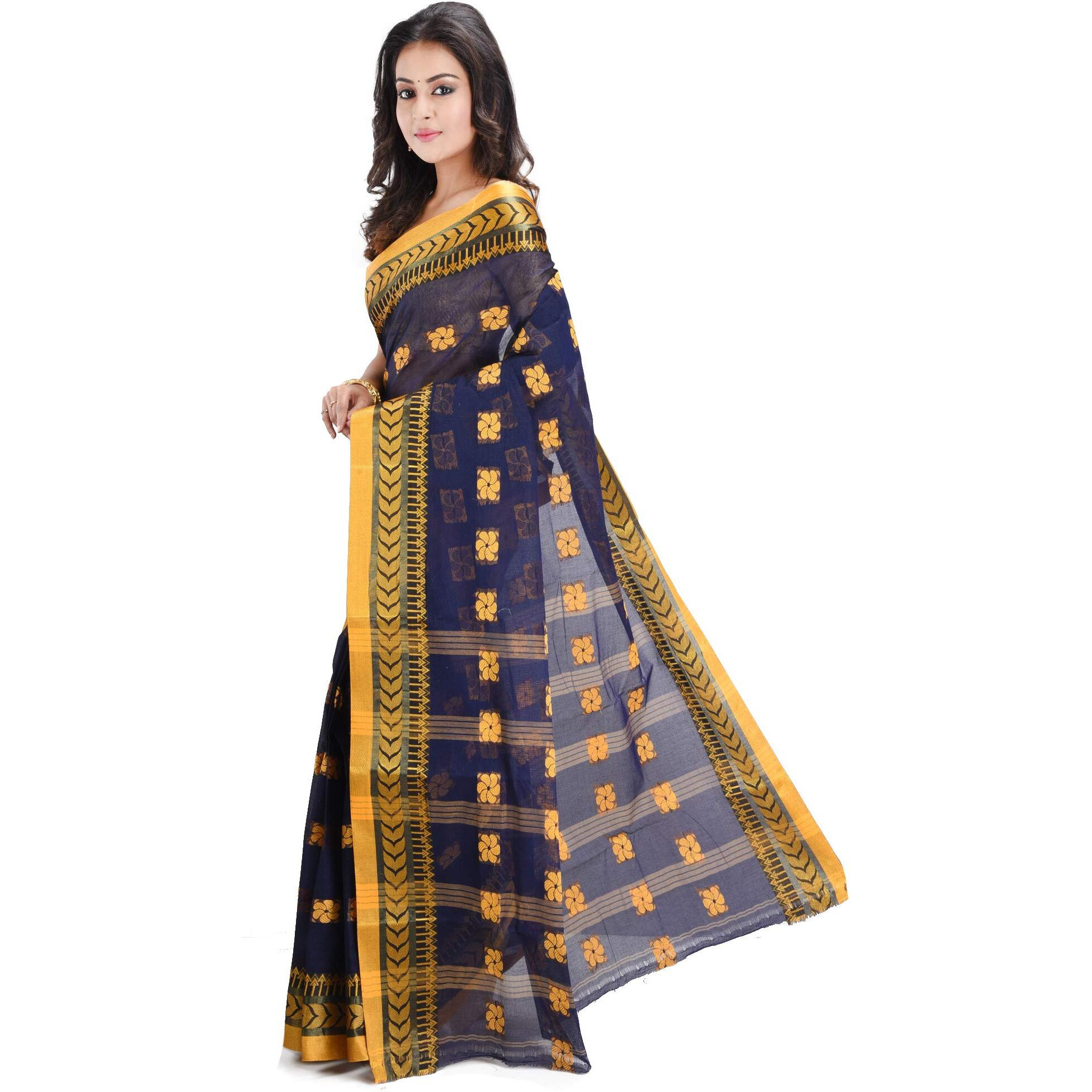 RAJ SAREE HOUSE Womens Traditional Pure Cotton Bengali Handloom Tant Saree - Without Blouse Piece(RSH-805-01 /Navy Blue)