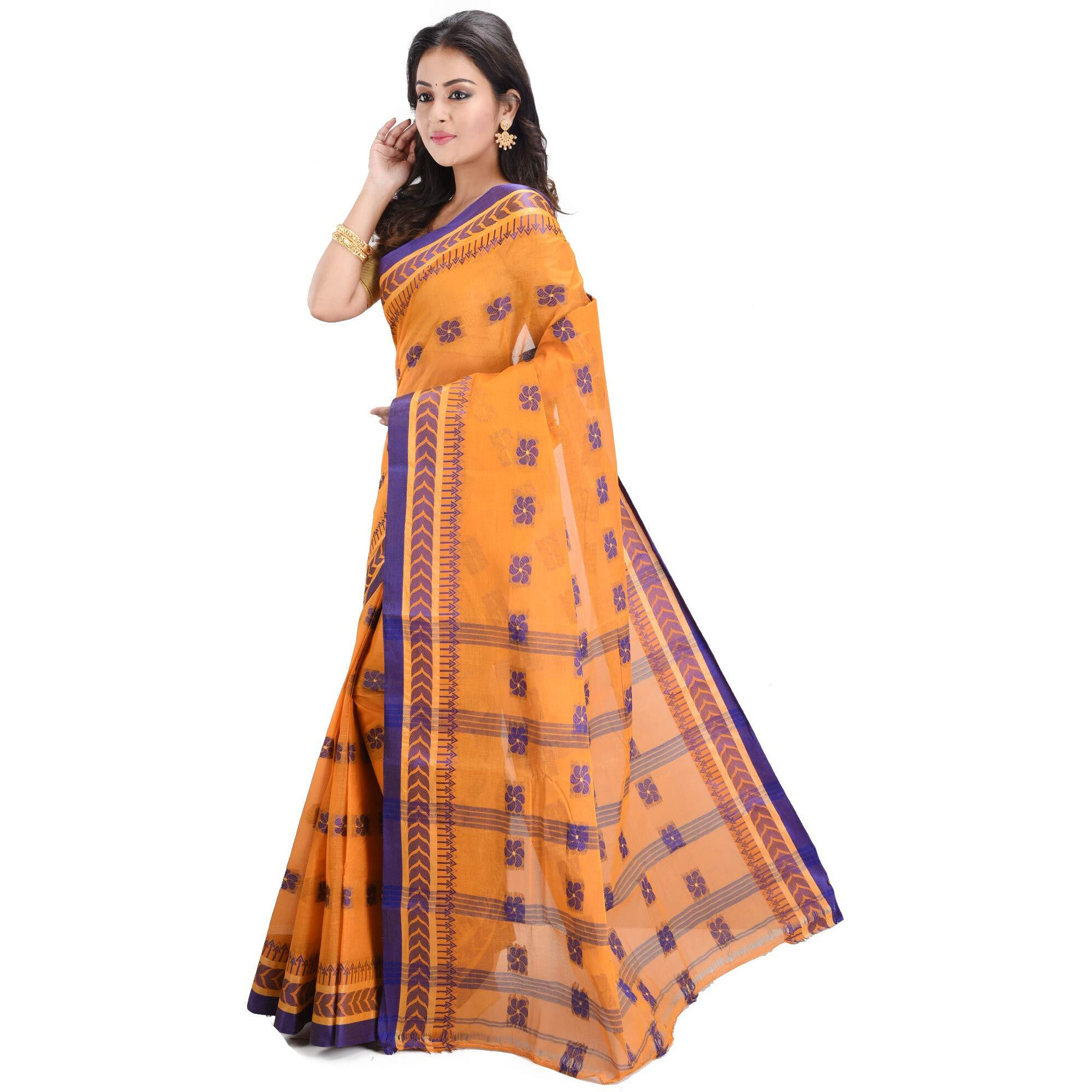 RAJ SAREE HOUSE Womens Traditional Pure Cotton Bengali Handloom Tant Saree - Without Blouse Piece (Mastered)