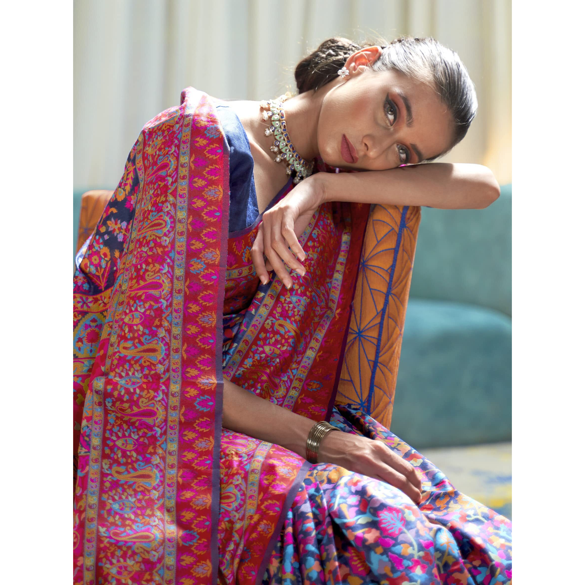 AKHILAM Womens Cotton Blend Woven Design Saree with Unstitched Blouse Piece(Navy Blue_KSMIR178004)