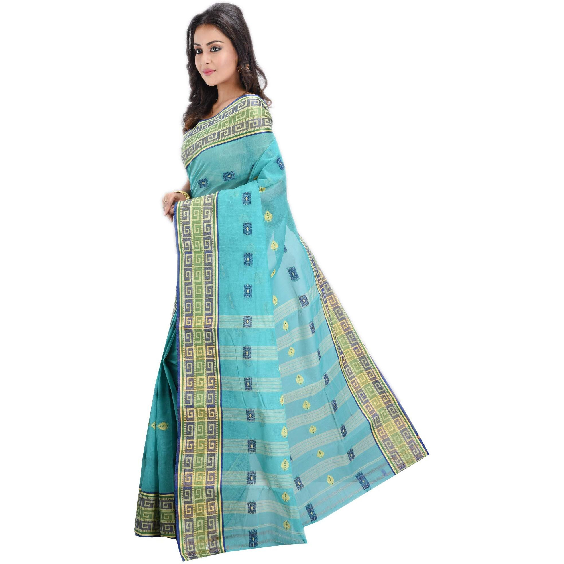 RAJ SAREE HOUSE Womens Traditional Pure Cotton Bengali Handloom Tant Saree without Blouse Piece - (C-Green)