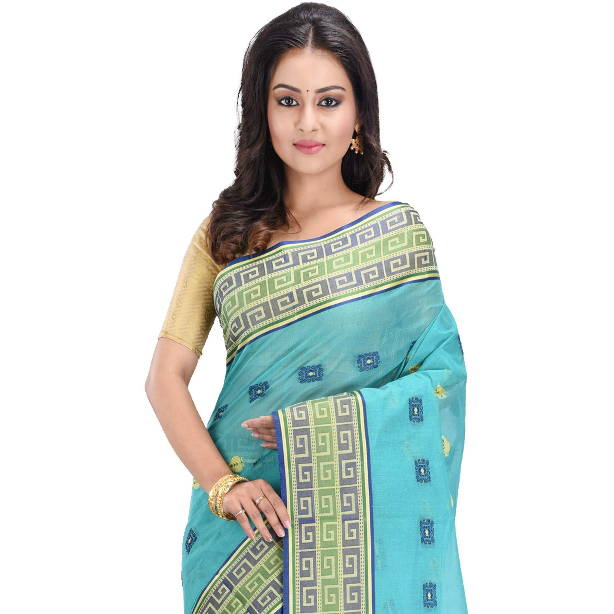 RAJ SAREE HOUSE Womens Traditional Pure Cotton Bengali Handloom Tant Saree without Blouse Piece - (C-Green)