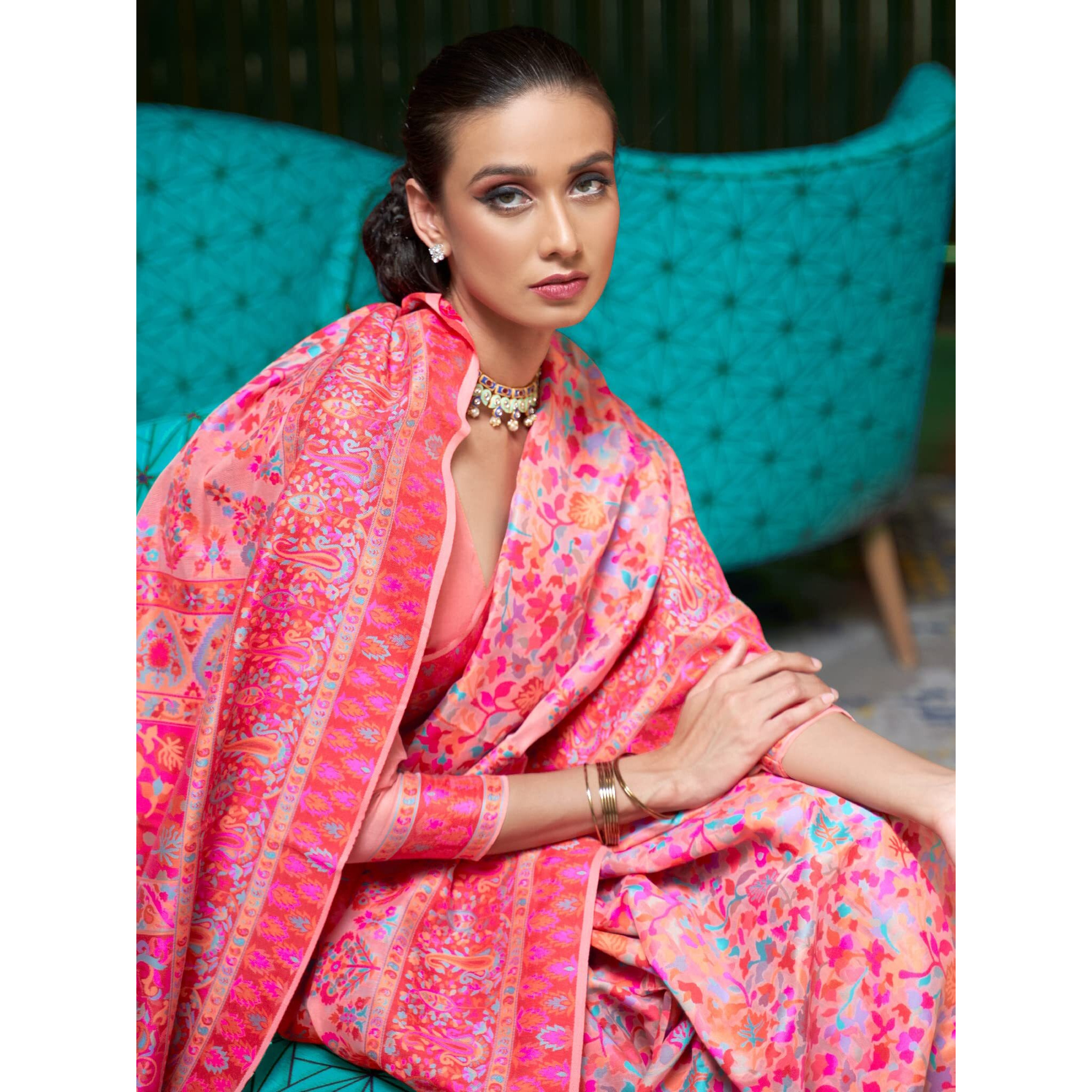 AKHILAM Womens Cotton Blend Woven Design Saree with Unstitched Blouse Piece(Pink_KSMIR178001)