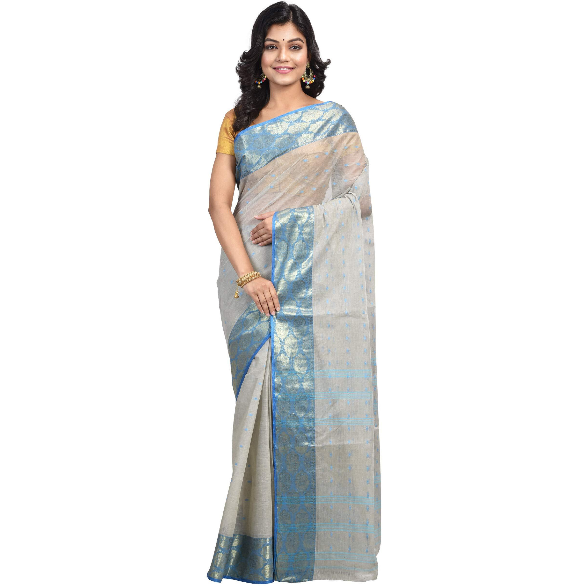 Raj Sarees Womens Woven Cotton Saree without Blouse Piece (Blue and Silver)