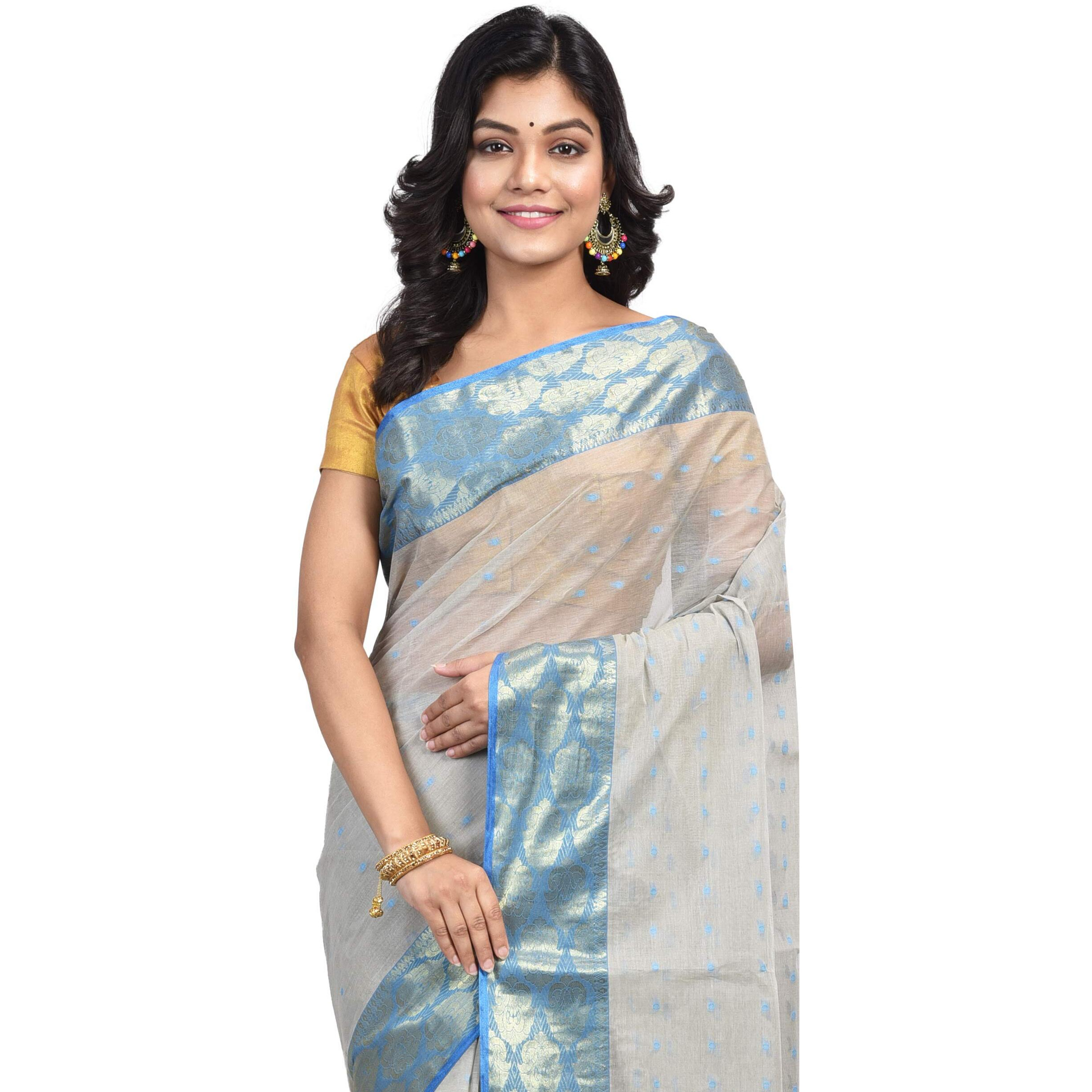 Raj Sarees Womens Woven Cotton Saree without Blouse Piece (Blue and Silver)