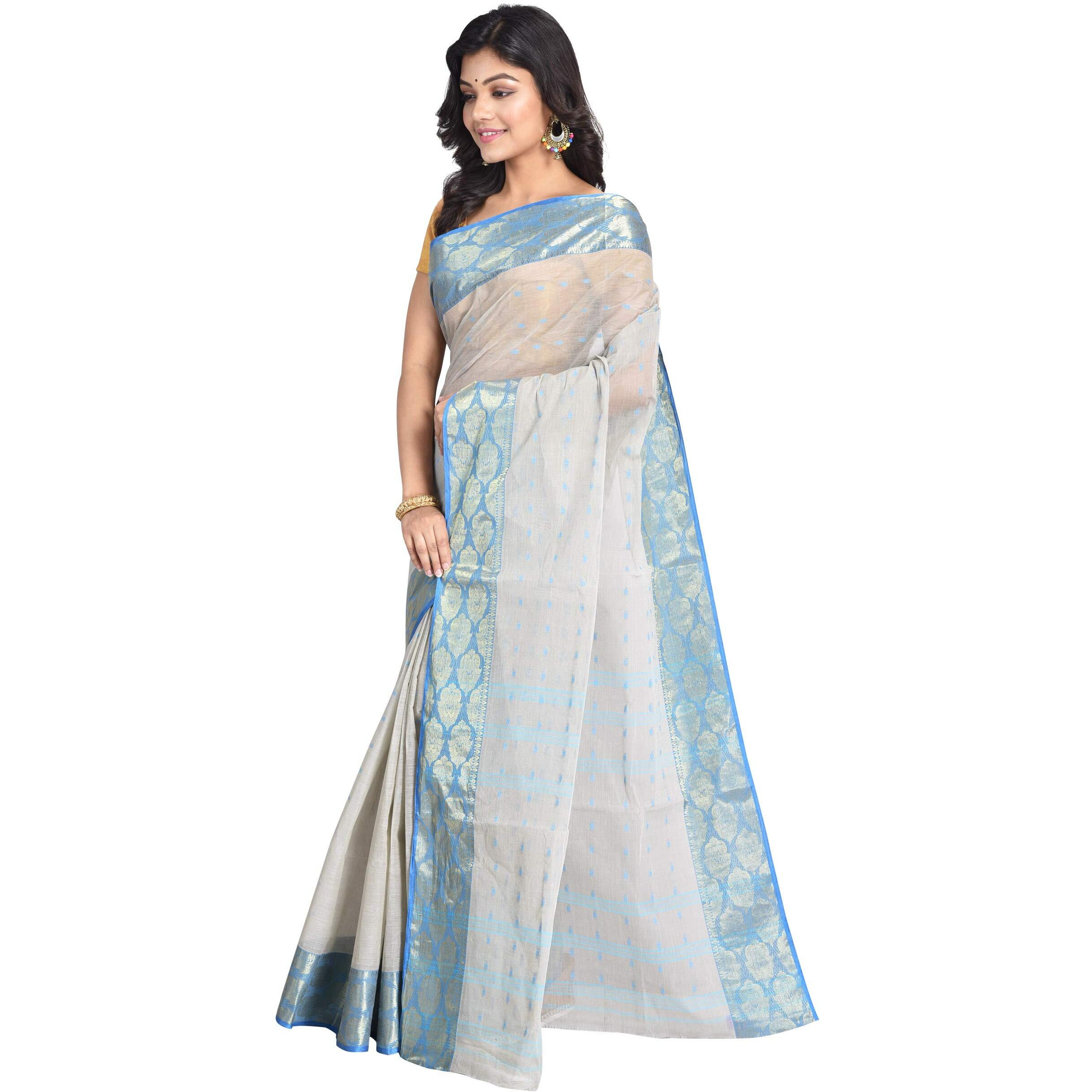 Raj Sarees Womens Woven Cotton Saree without Blouse Piece (Blue and Silver)
