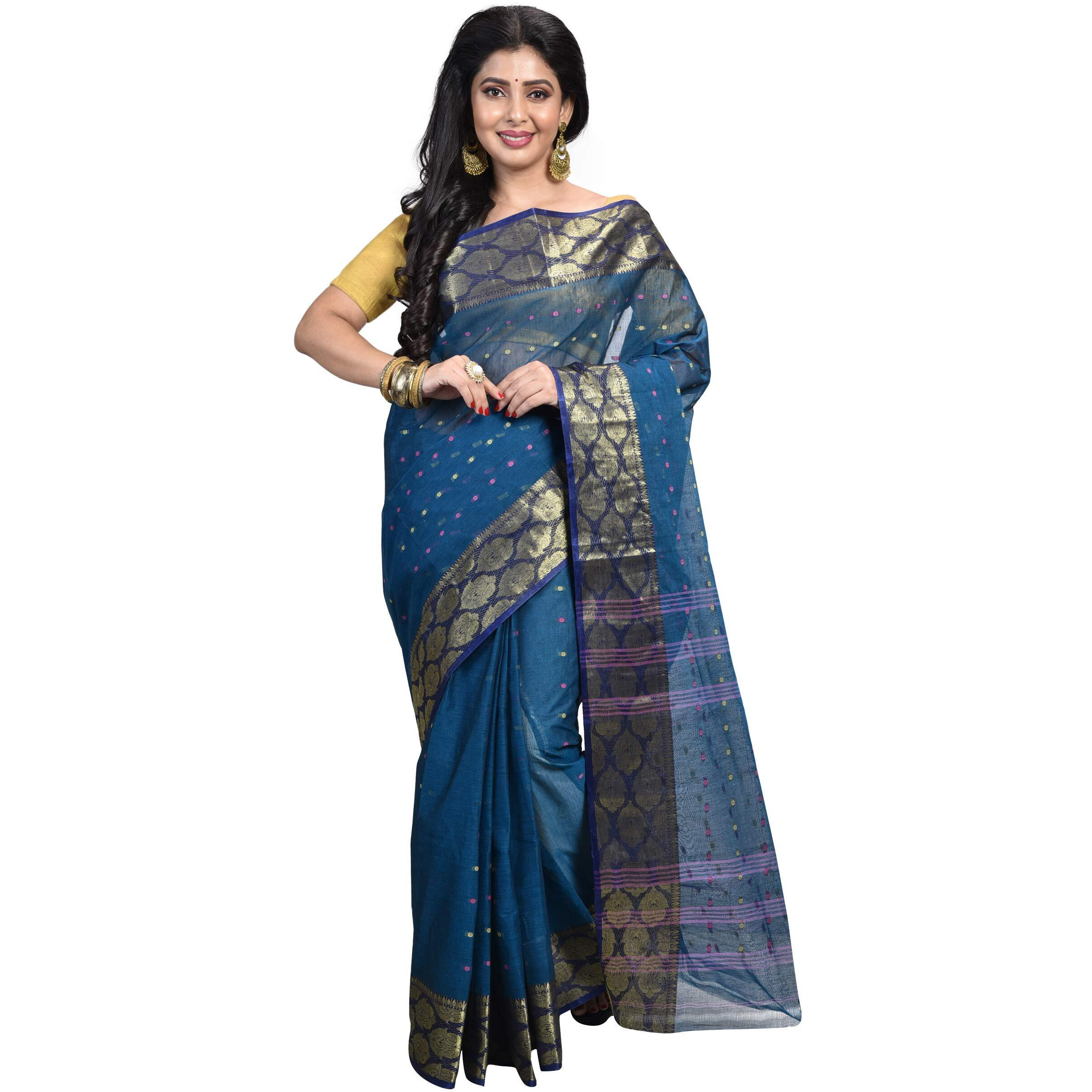 Raj Sarees Womens Woven Cotton Saree without Blouse Piece (321-01, Blue and Golden)