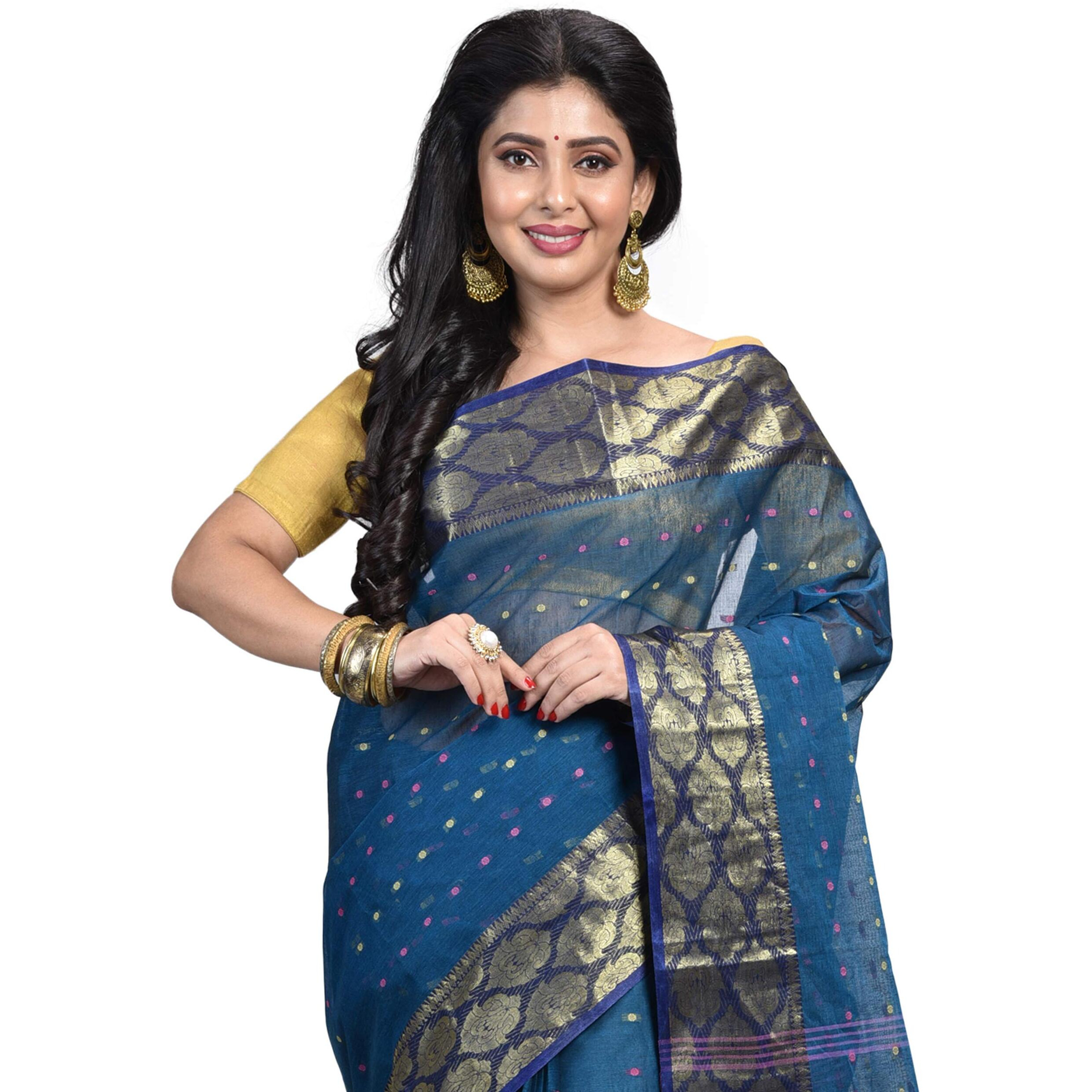 Raj Sarees Womens Woven Cotton Saree without Blouse Piece (321-01, Blue and Golden)