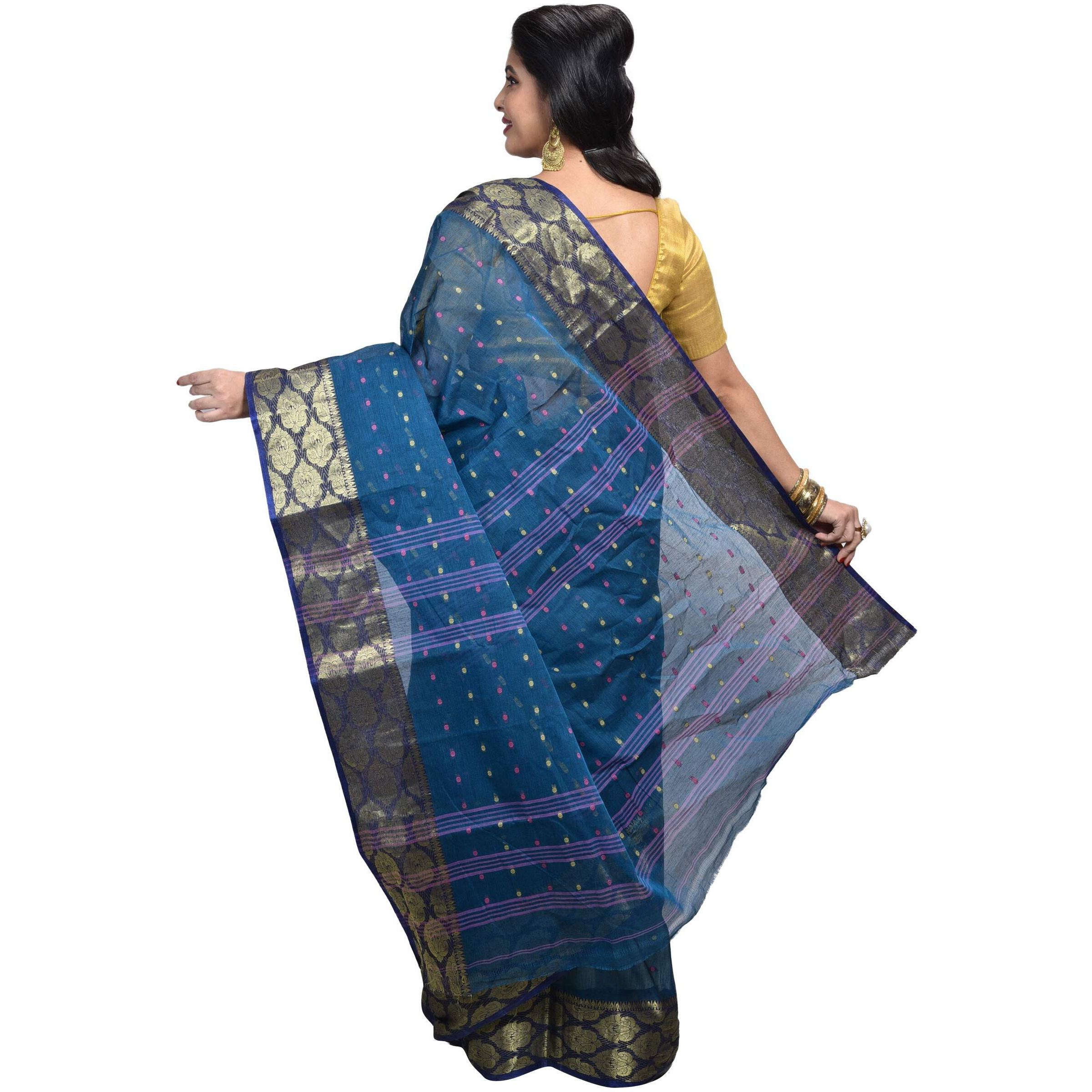 Raj Sarees Womens Woven Cotton Saree without Blouse Piece (321-01, Blue and Golden)