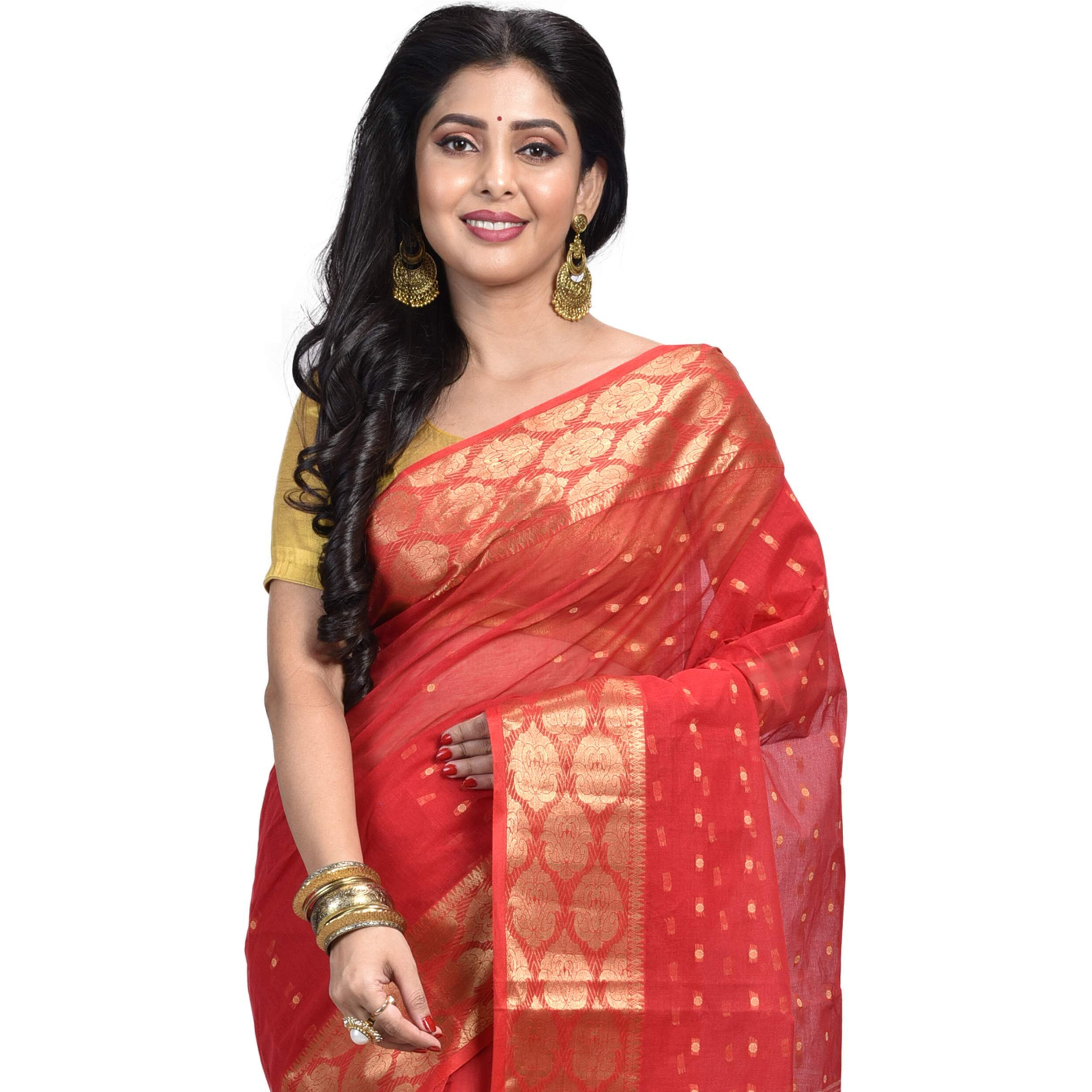 Raj Sarees Womens Woven Cotton Saree without Blouse Piece (Red and Golden)