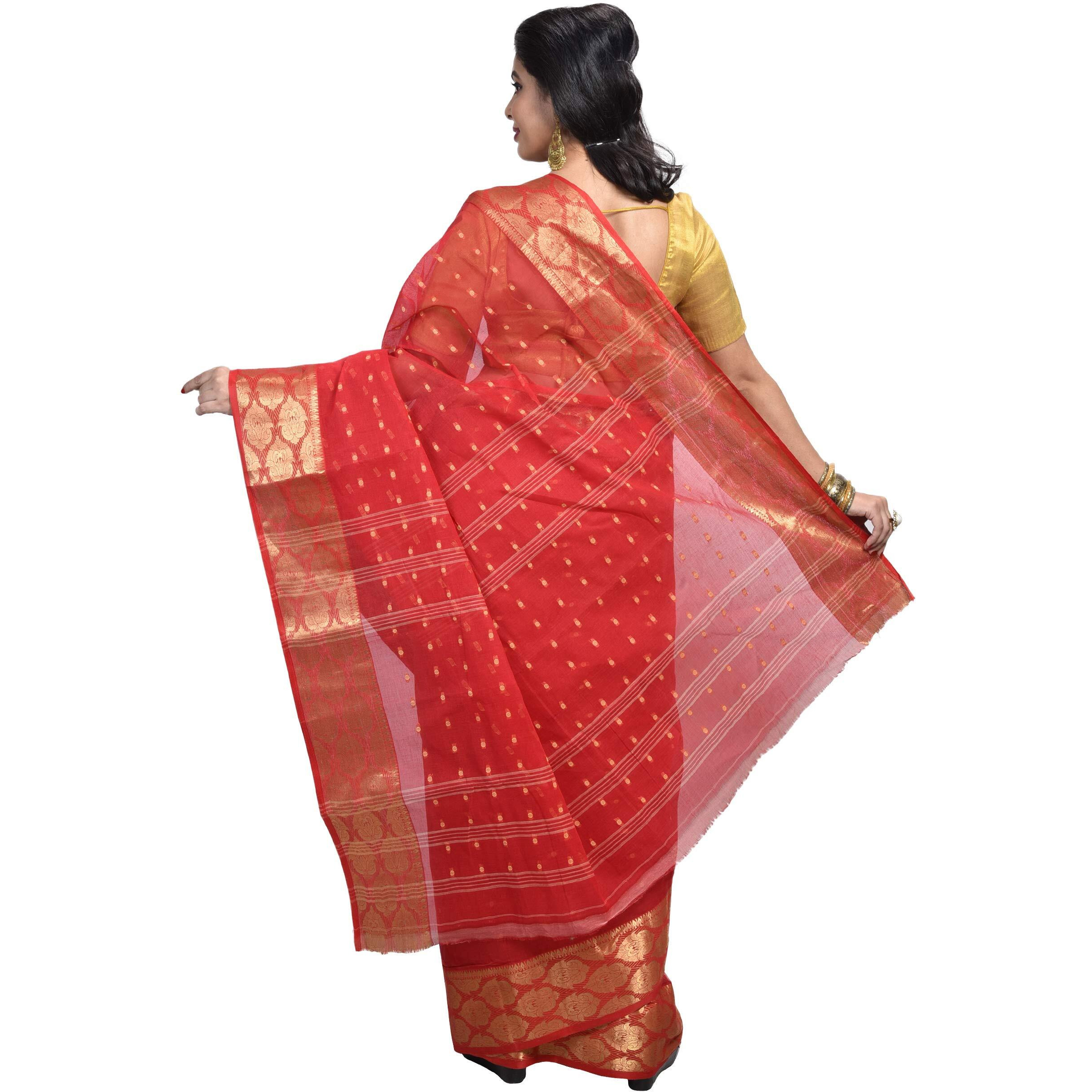 Raj Sarees Womens Woven Cotton Saree without Blouse Piece (Red and Golden)