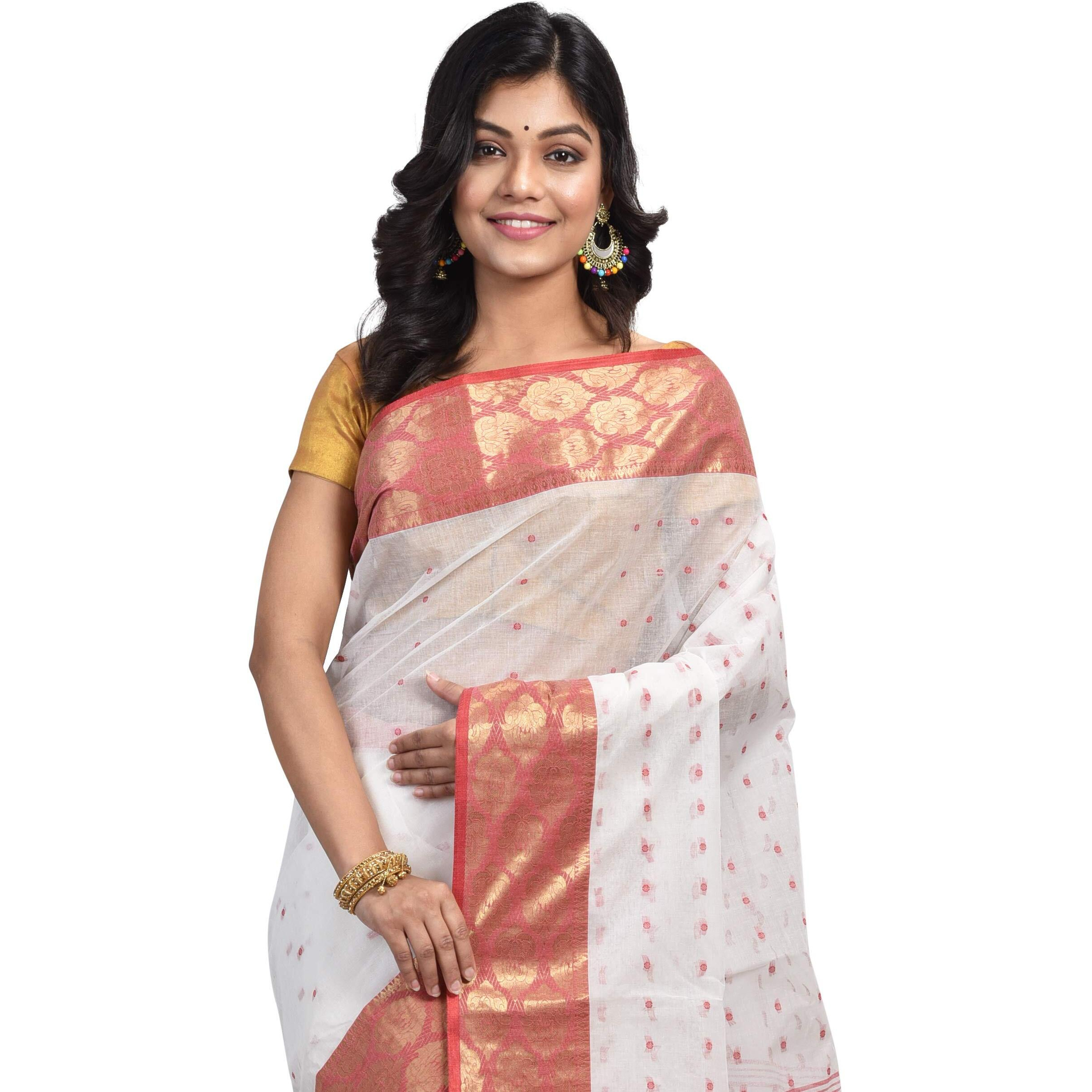 Raj Sarees Womens Woven Cotton Saree without Blouse Piece (White)