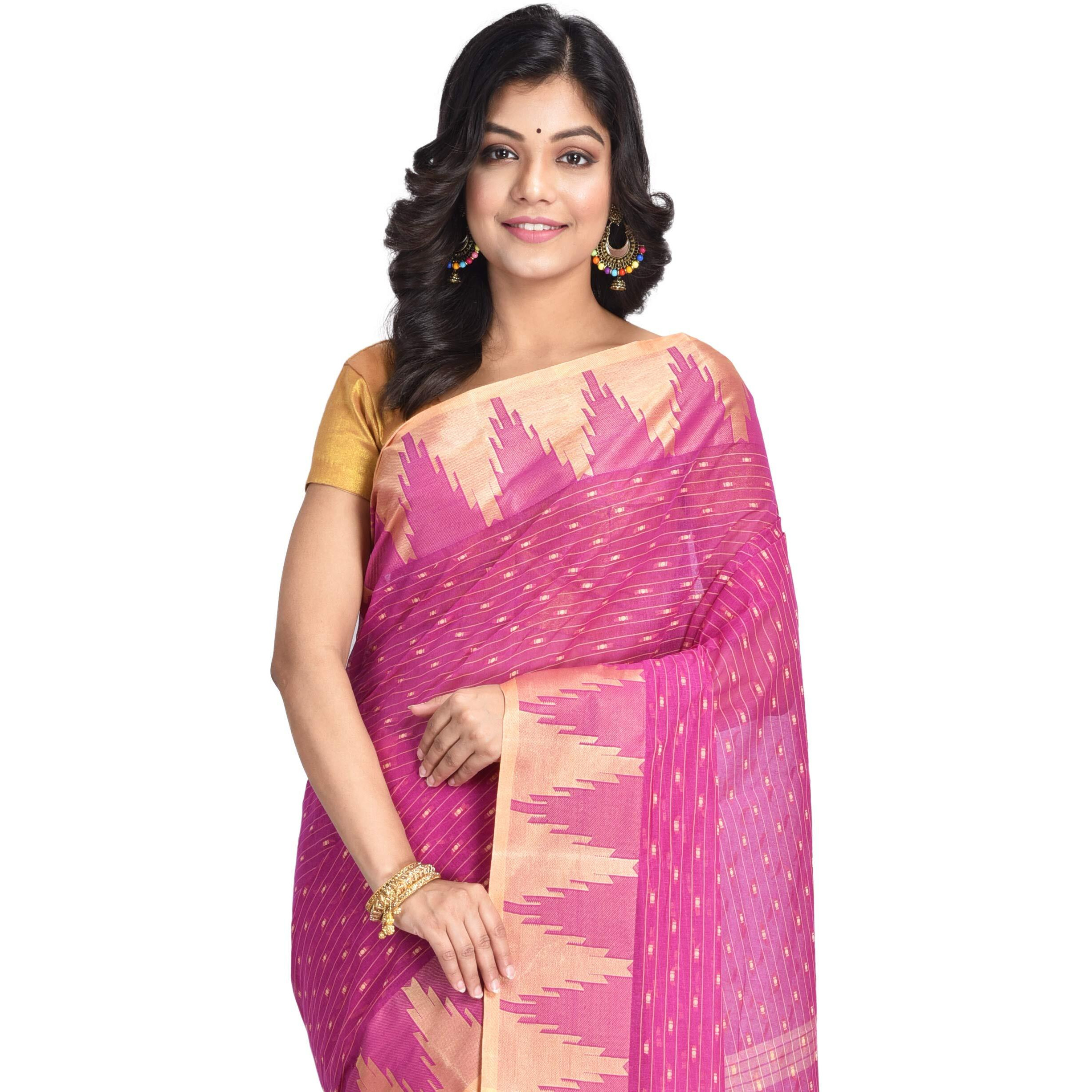 RAJ SAREE HOUSE Womens Tant Cotton Saree without Blouse Piece (Magenta, Golden)