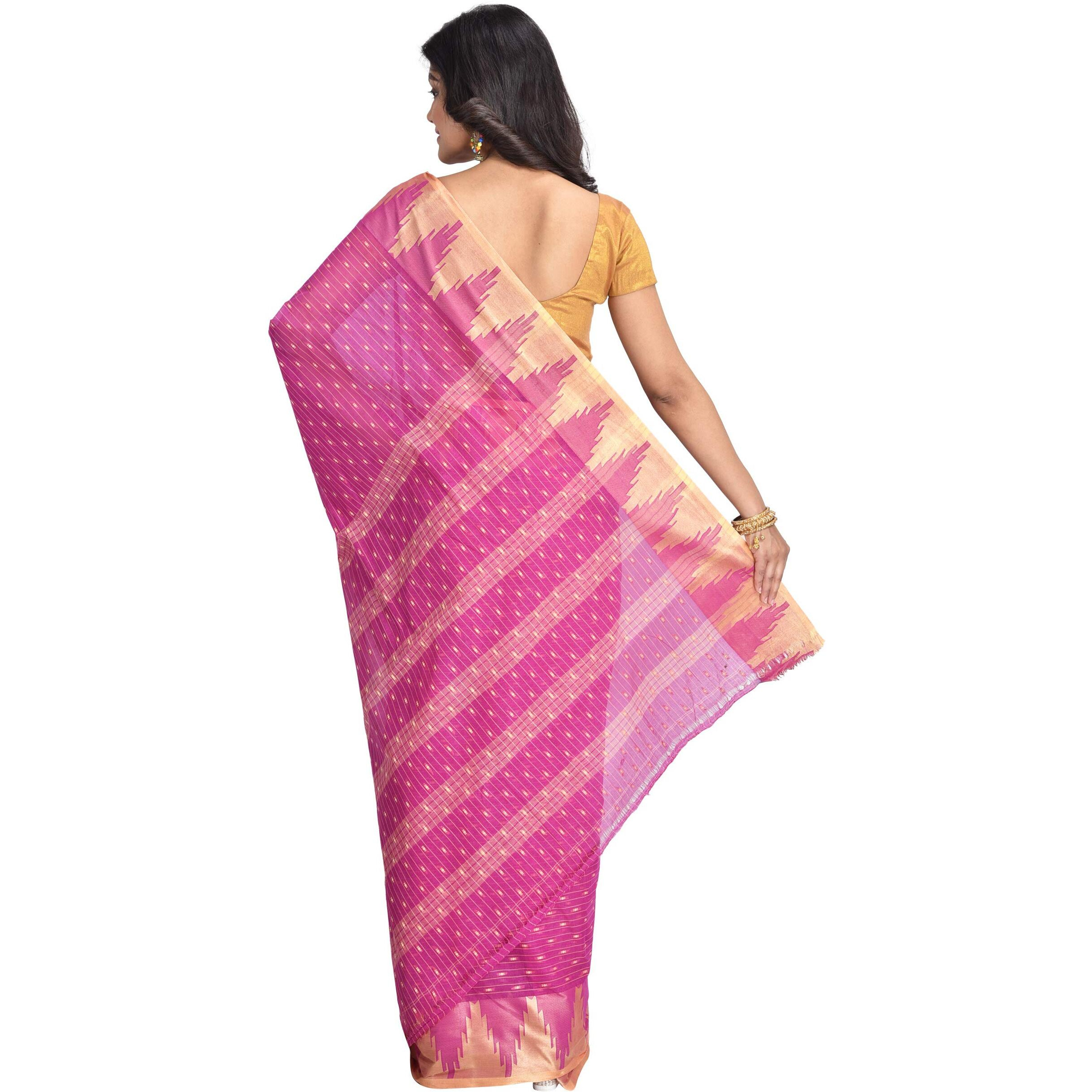 RAJ SAREE HOUSE Womens Tant Cotton Saree without Blouse Piece (Magenta, Golden)
