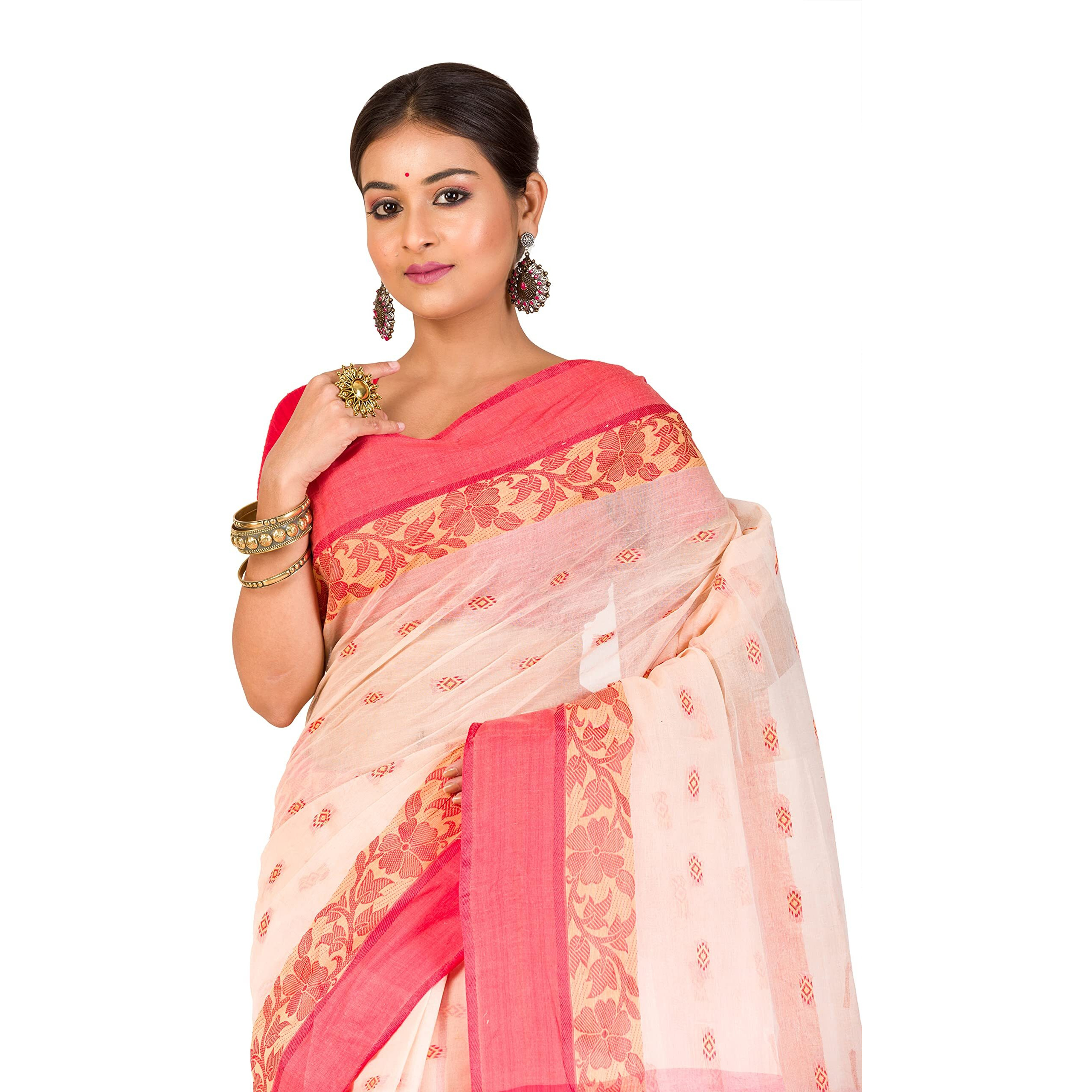 RAJ SAREE HOUSE Womens Traditional Pure Cotton Bengali Handloom Tant Saree - Without Blouse Piece (Biscuit)