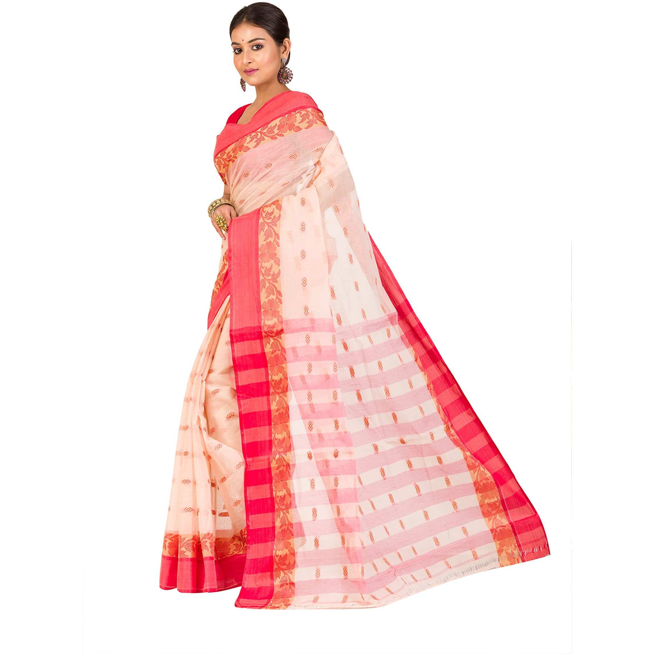 RAJ SAREE HOUSE Womens Traditional Pure Cotton Bengali Handloom Tant Saree - Without Blouse Piece (Biscuit)