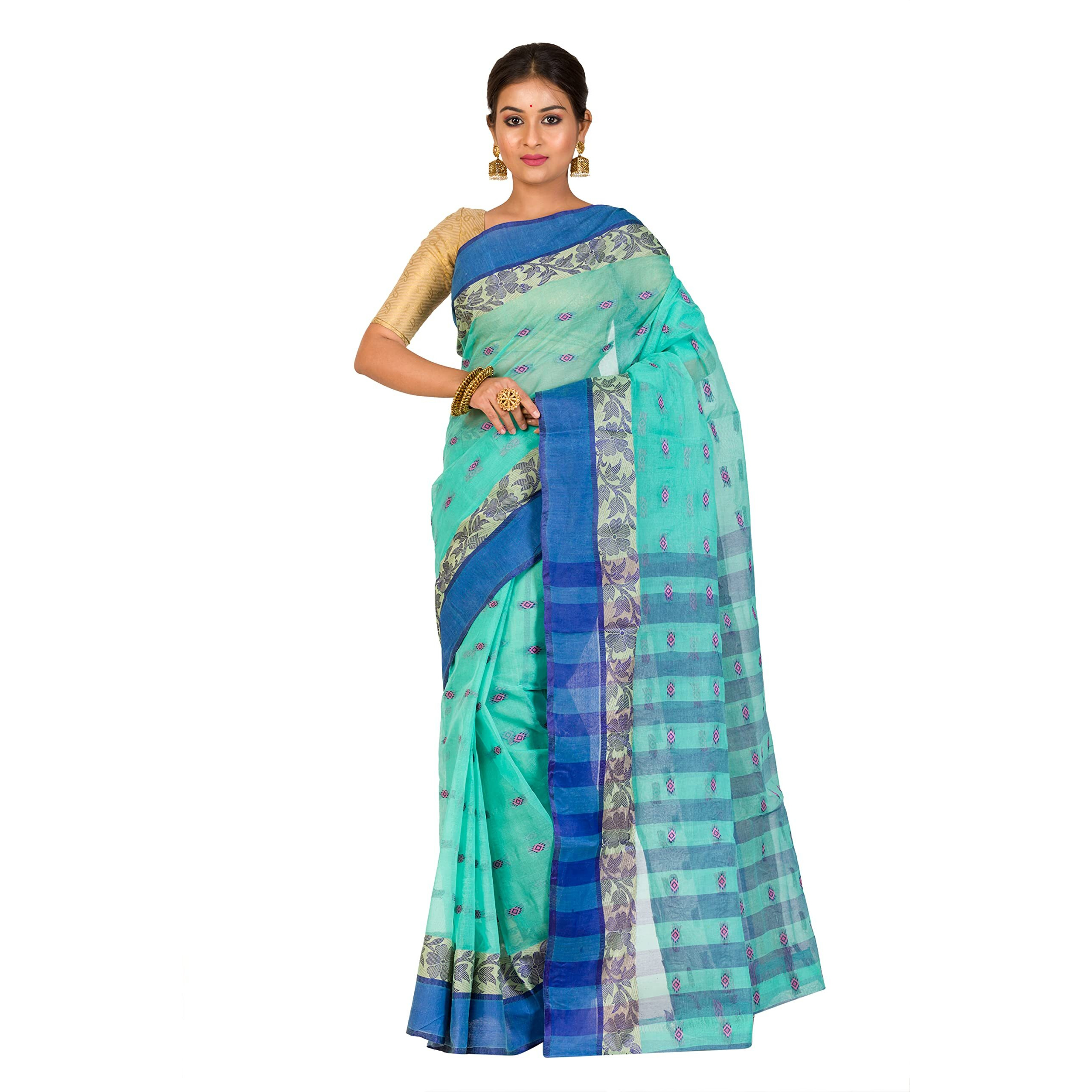 RAJ SAREE HOUSE Womens Traditional Pure Cotton Bengali Handloom Tant Saree - Without Blouse Piece (C-Green)