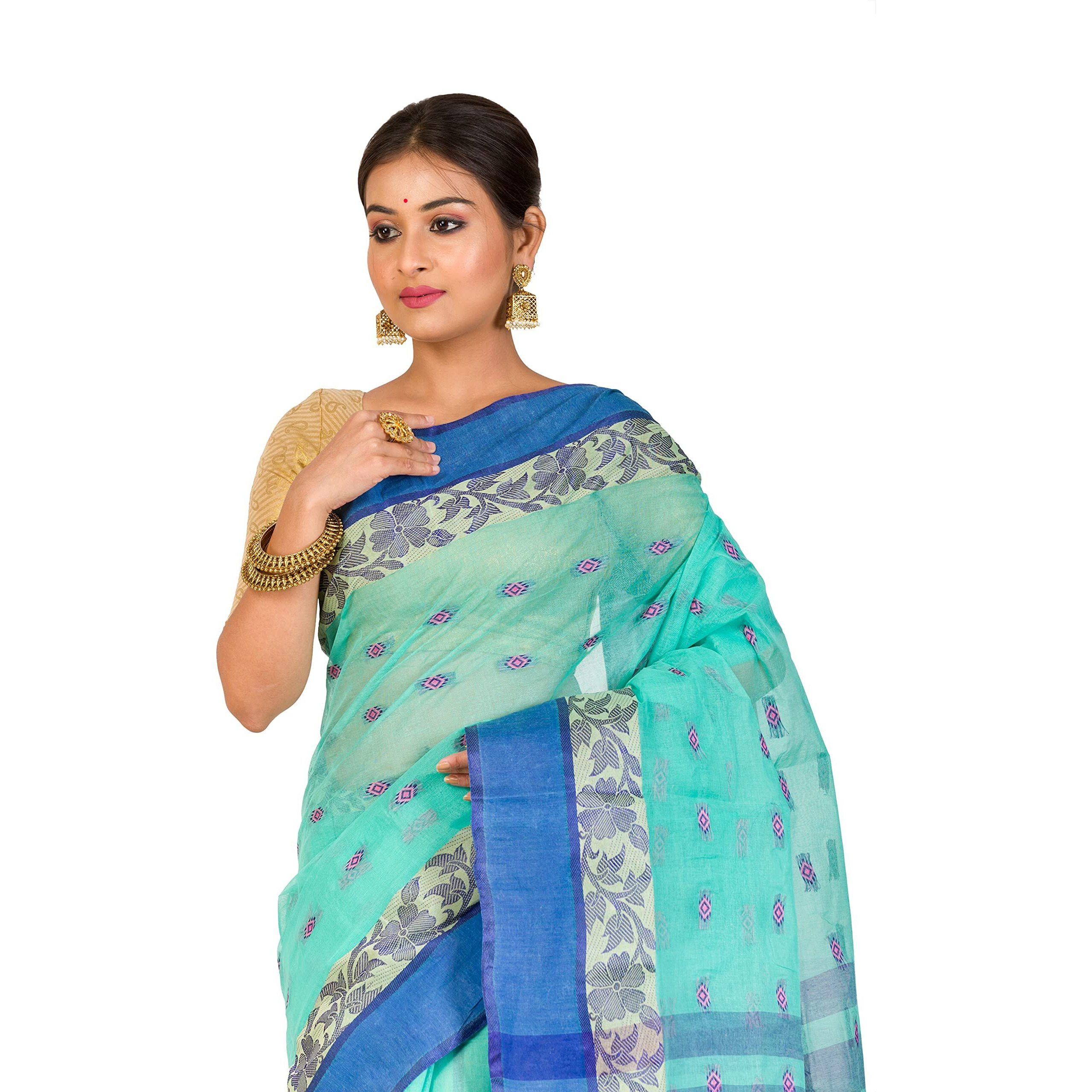 RAJ SAREE HOUSE Womens Traditional Pure Cotton Bengali Handloom Tant Saree - Without Blouse Piece (C-Green)