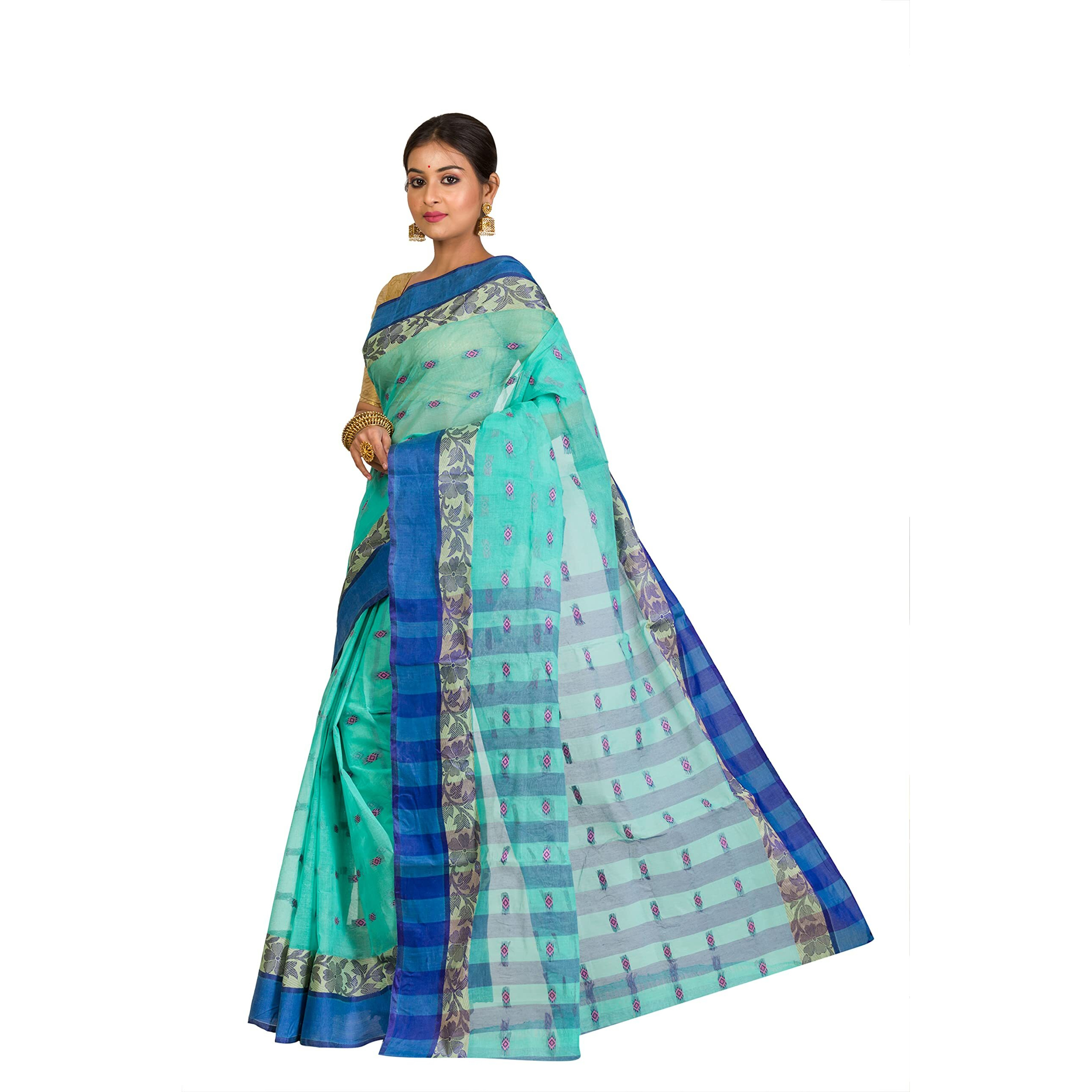 RAJ SAREE HOUSE Womens Traditional Pure Cotton Bengali Handloom Tant Saree - Without Blouse Piece (C-Green)