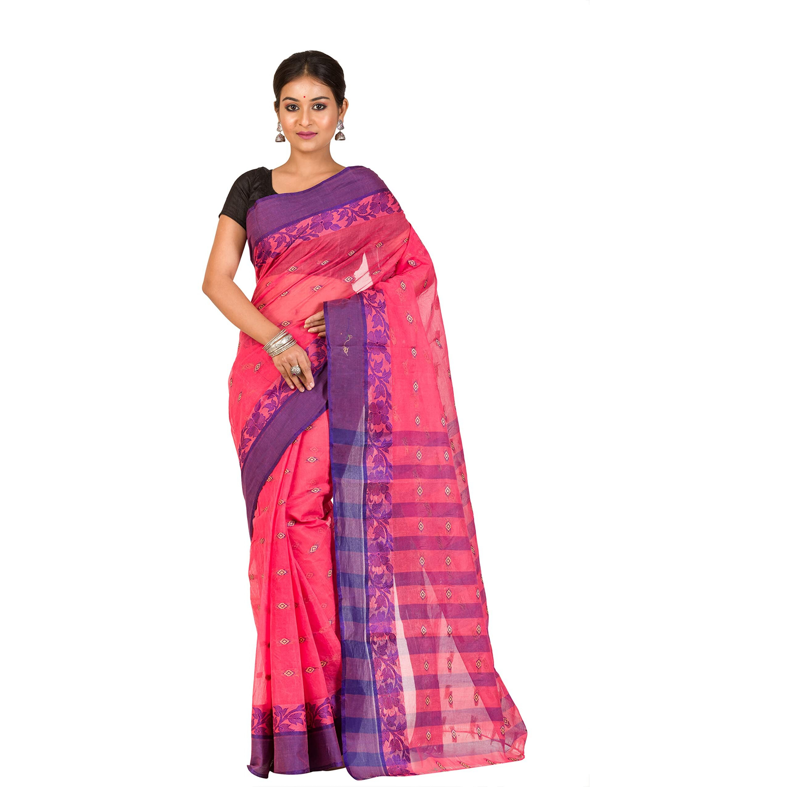 RAJ SAREE HOUSE Womens Traditional Pure Cotton Bengali Handloom Tant Saree - Without Blouse Piece (Kanok)
