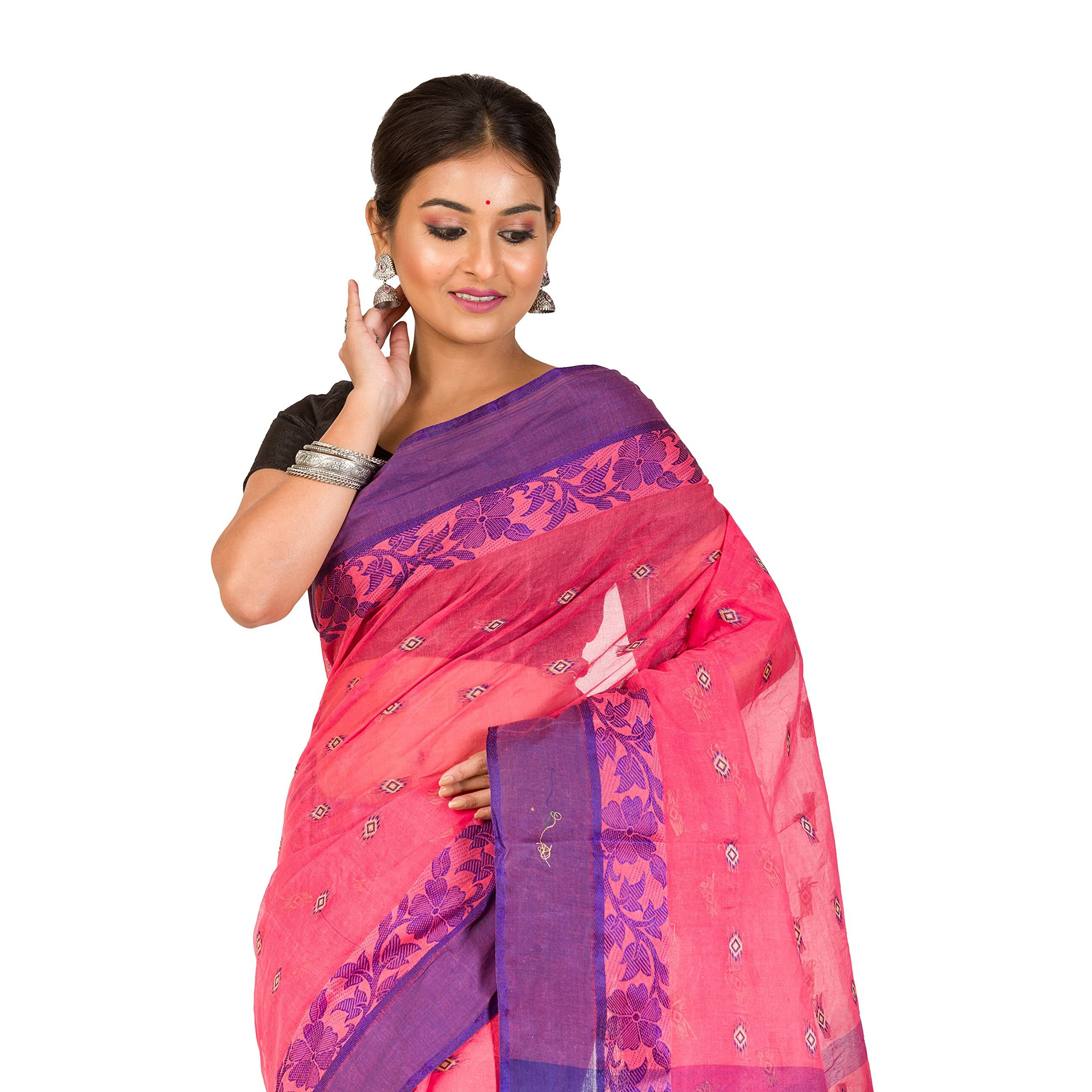 RAJ SAREE HOUSE Womens Traditional Pure Cotton Bengali Handloom Tant Saree - Without Blouse Piece (Kanok)