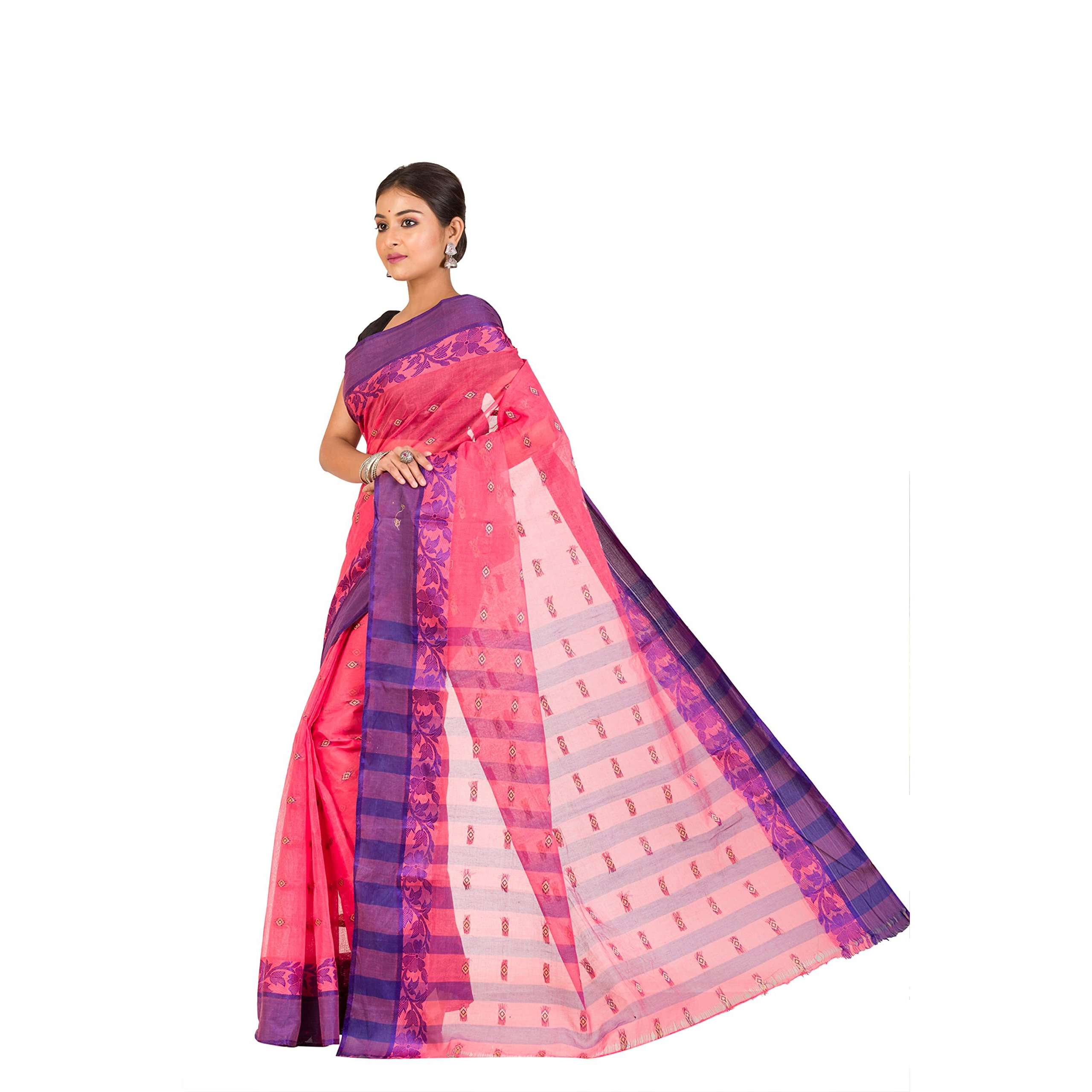 RAJ SAREE HOUSE Womens Traditional Pure Cotton Bengali Handloom Tant Saree - Without Blouse Piece (Kanok)