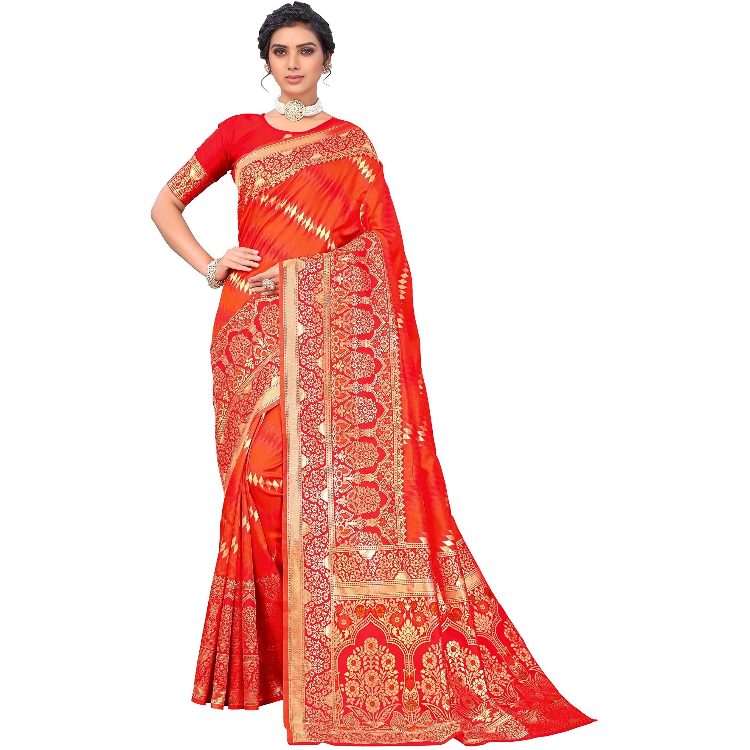 Glory Sarees Womens Banarasi Silk Saree With Blouse Piece (Kara157_Orange)