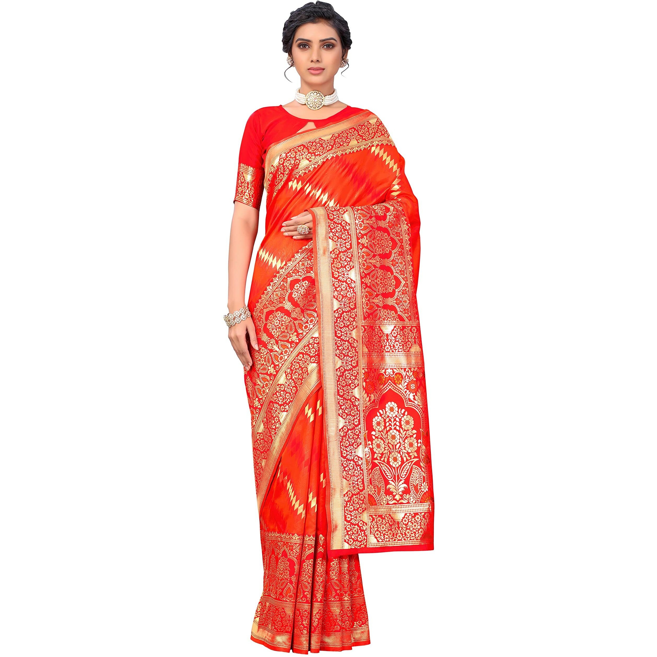 Glory Sarees Womens Banarasi Silk Saree With Blouse Piece (Kara157_Orange)