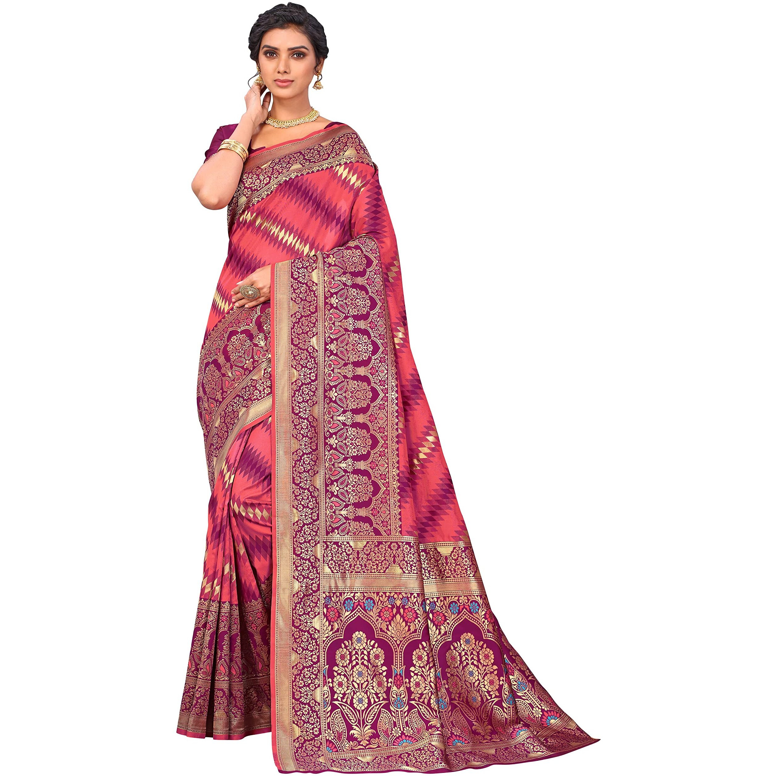 Glory Sarees Womens Banarasi Silk Saree With Blouse Piece (Kara157_Pink)