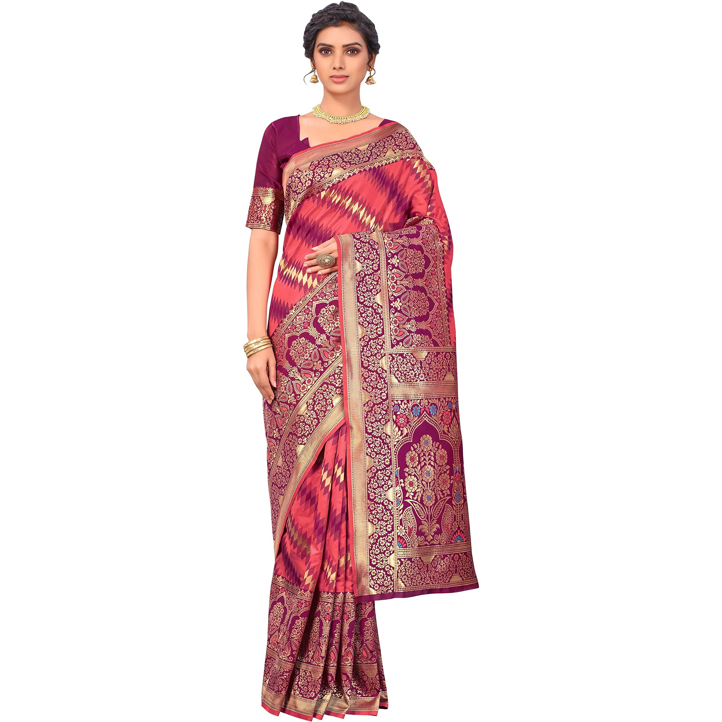 Glory Sarees Womens Banarasi Silk Saree With Blouse Piece (Kara157_Pink)