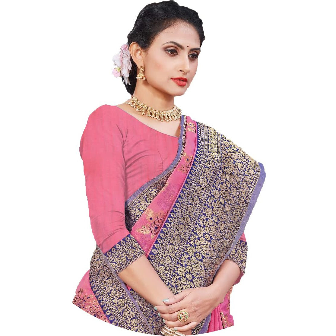 Jaanvi fashion Womens Cotton Silk Saree With Zari Work & Blouse Piece (anupriya-pink-blue)