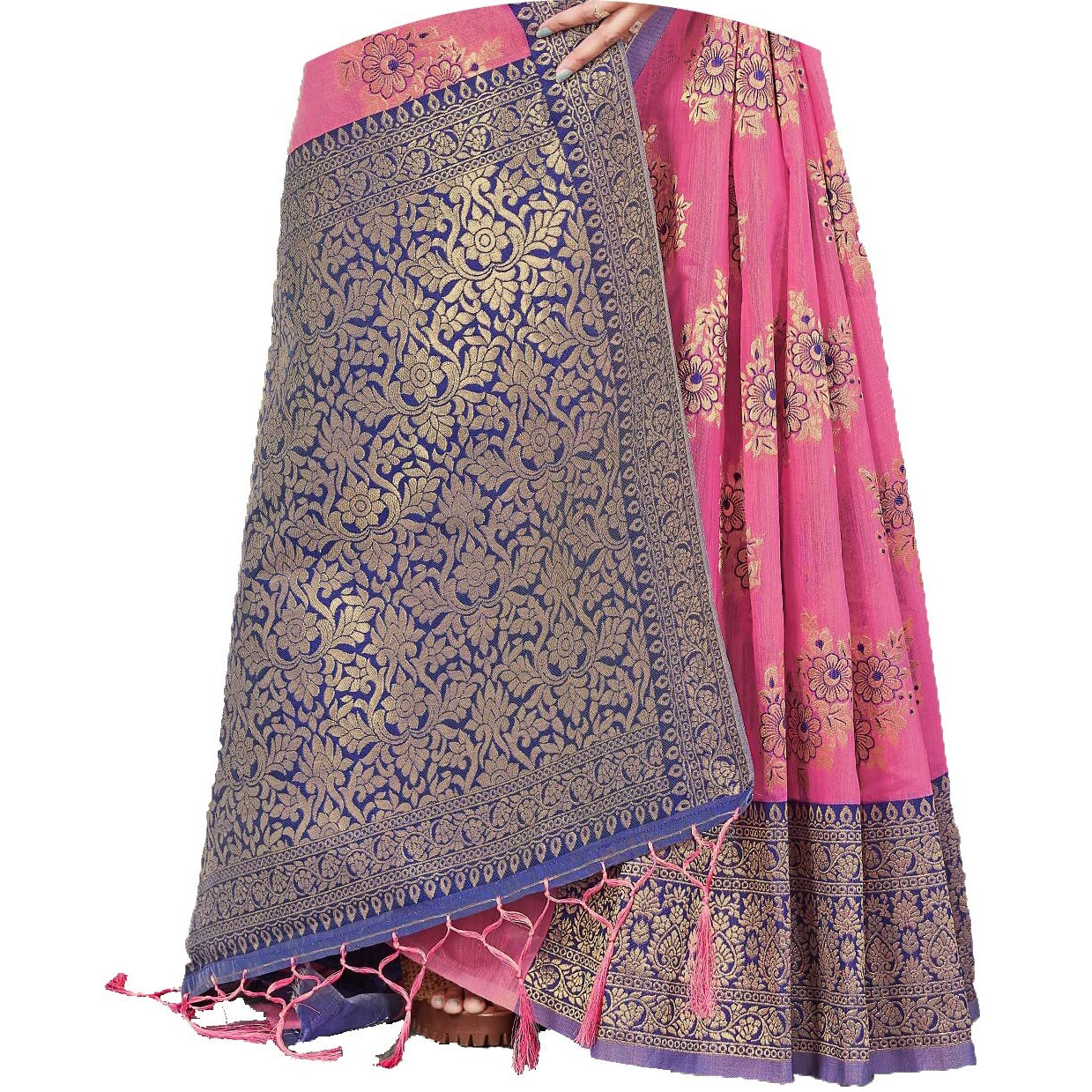 Jaanvi fashion Womens Cotton Silk Saree With Zari Work & Blouse Piece (anupriya-pink-blue)