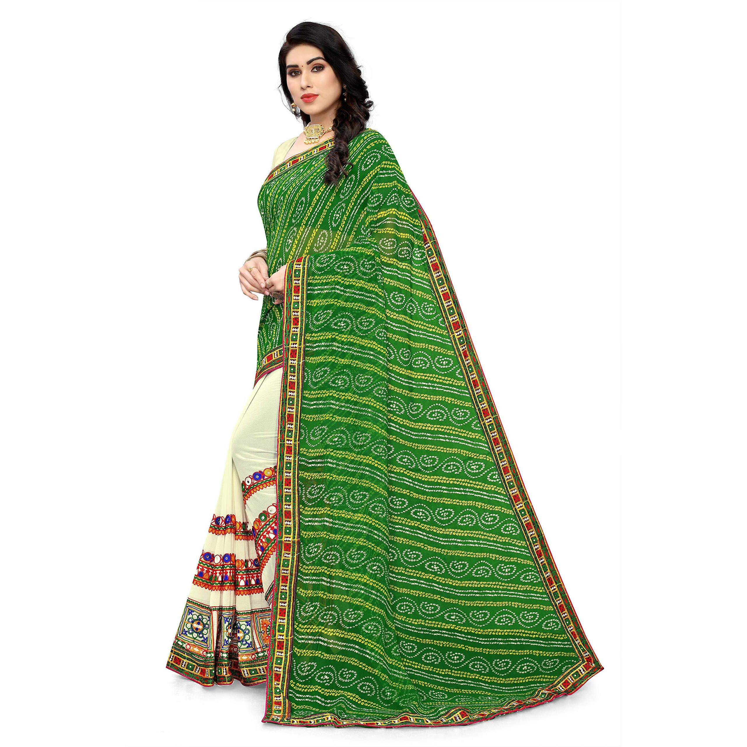 SERONA FABRICS Womens Bandhani Printed Georgette Saree With Blouse Piece (SERONA931_Green, Beige)