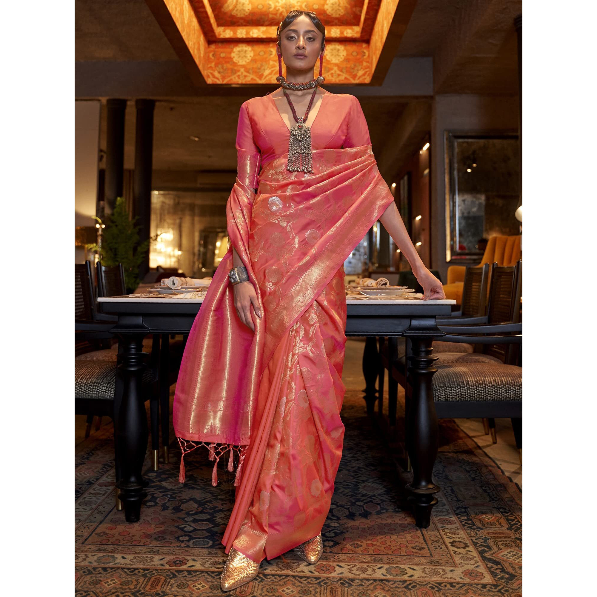 AKHILAM Womens Woven Design Silk Blend Saree With Unstitched Blouse Piece (Peach_KAIROS258006)