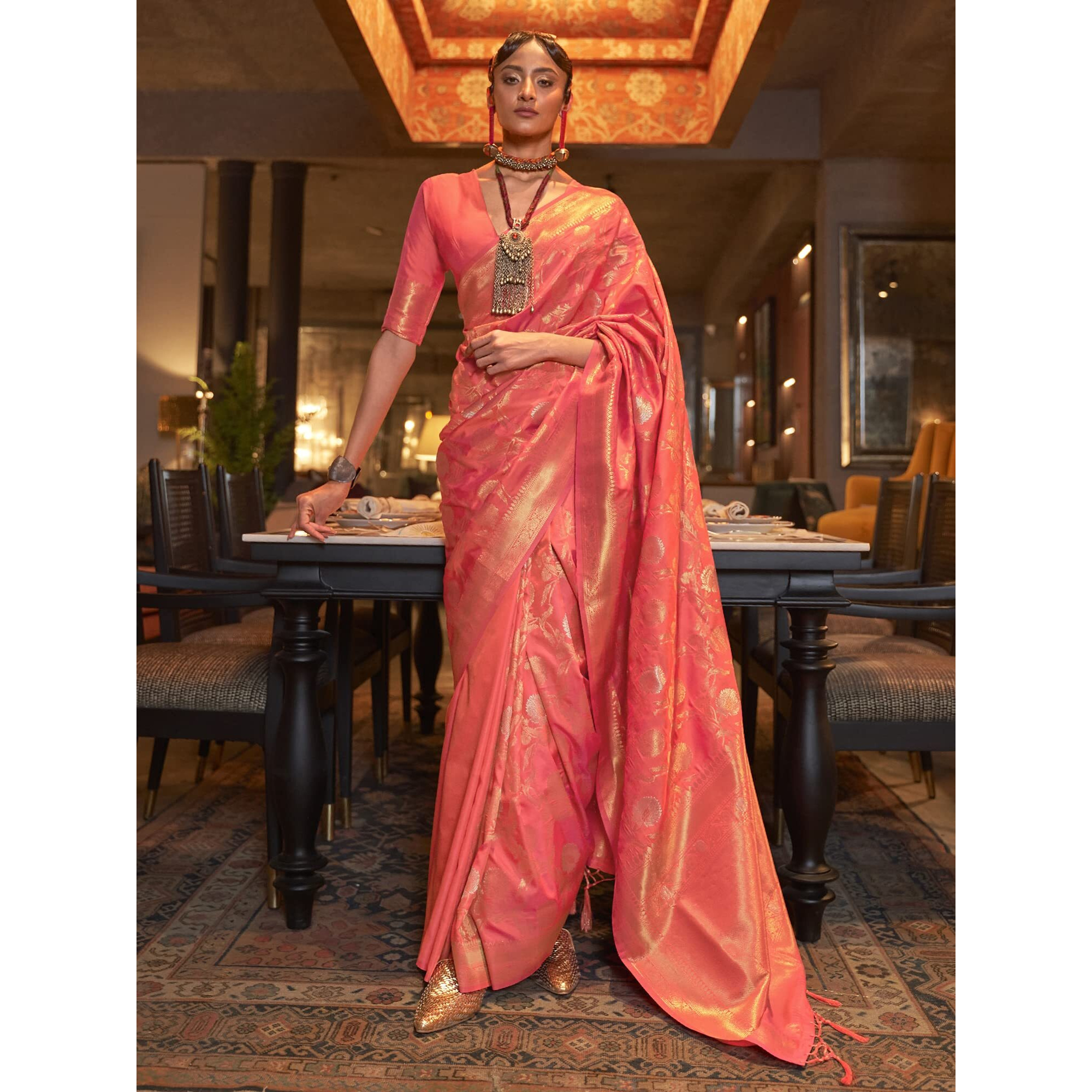 AKHILAM Womens Woven Design Silk Blend Saree With Unstitched Blouse Piece (Peach_KAIROS258006)